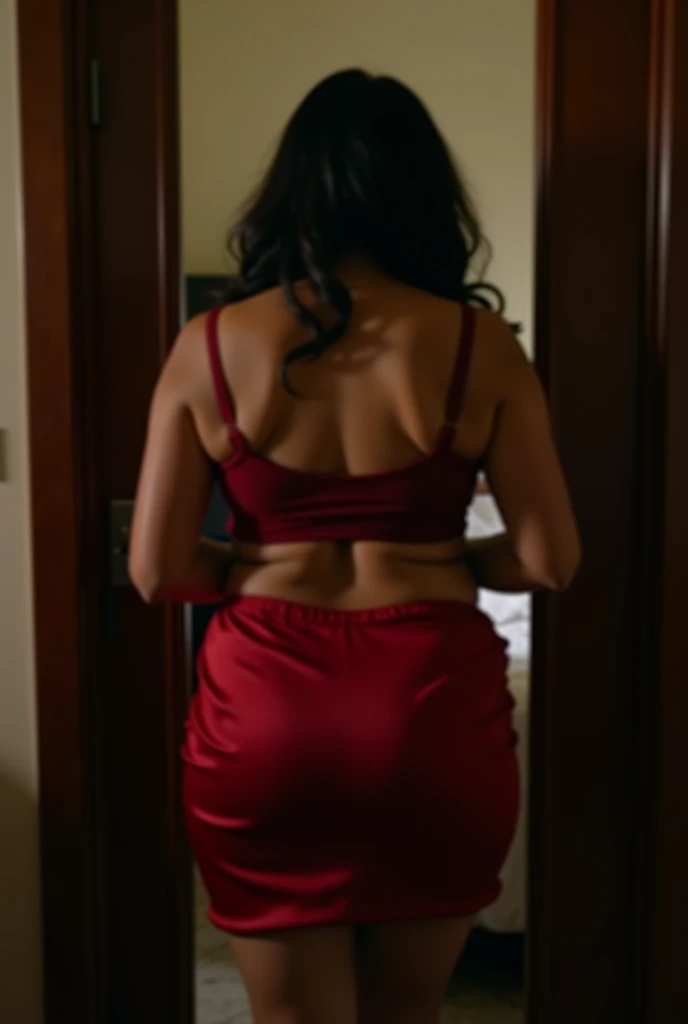 A brunette indian married 40 year old woman with long black hair bun and big breasts teasing room service boy seductively, unzip dress from behind, sensual , realistic, full body, back view