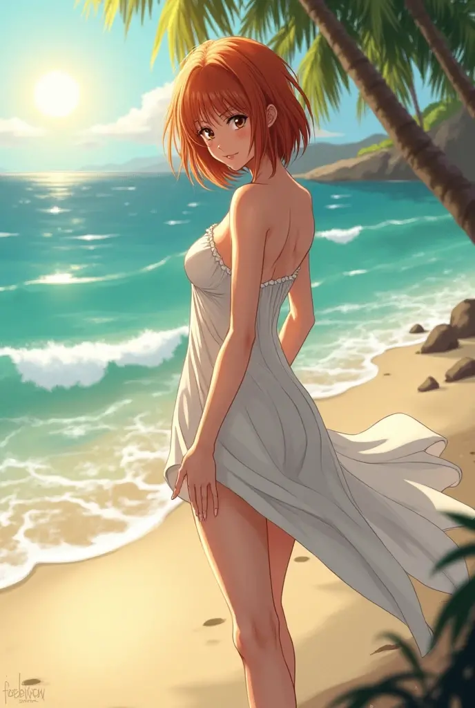 anime girl wearing a beach-style wrap around top.