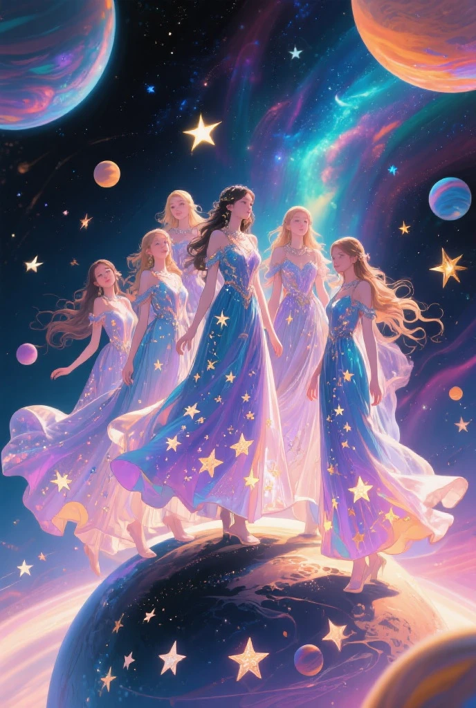<lora:MagicAI:.6> FairyTaleAI <lora:DonMC3l3st14l3xpl0r3rsXL:.6> DonMC3l3st14l3xpl0r3rsXL fantasy Celestial Explorers dancing with ethereal beings at the Cosmic Ball (Highly detailed, amazing, Impressive lighting, vibrant colors, Ultra Realistic, High quality, Highly detailed, trending on artstation, intricate detailed background
:1.2)