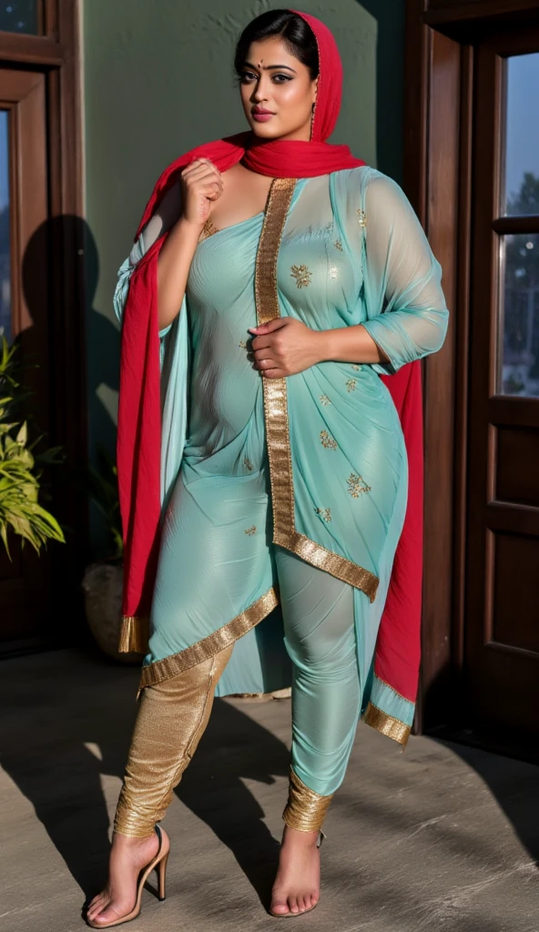 beautiful young Indian women,yo 24,wearing salwar and suit,blue salwar and suit,with dupatta,beautiful natural skin, beautiful lips,red lips,beautiful face,big breast,beautiful nose,full body,front view, standing position,8k quality,jungle background,realistic