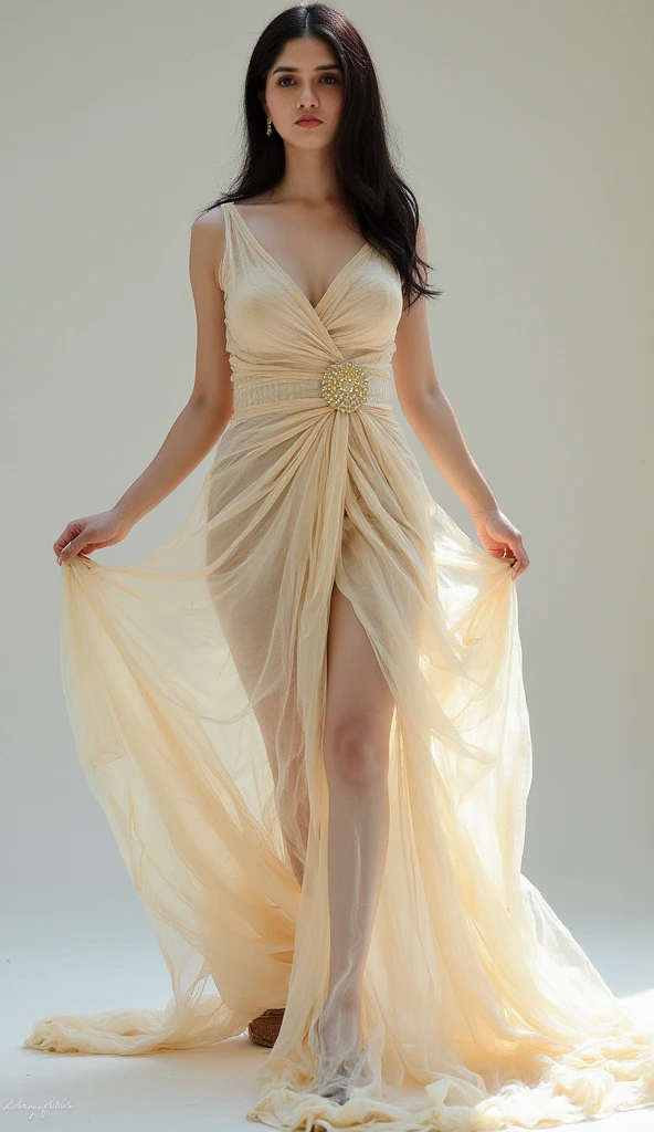 Beautiful woman in long short dress complete standing