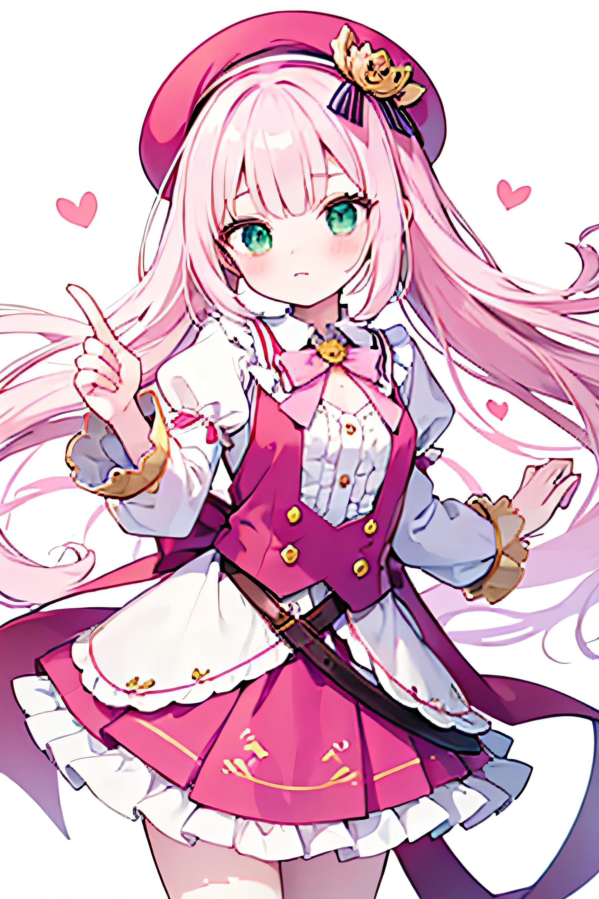Girl in pastel pink and white ta fashion, featuring puff sleeves, ruffled cuffs, a tiered skirt, high collar, big chest bow, pink buttons, and a matching pink beret with a striped ribbon and gold brooch. The outfit is inspired by elegant Victorian and kawaii street fashion. She is holding a glowing green sword and standing in a dynamic battle pose, with determination in her eyes. Soft anime style, pastel colors, minimal background batle pose