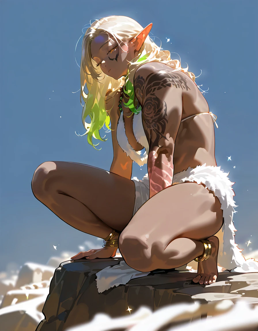 One girl, dark skin, light blue eyes, blonde, curly hair, long hair, blushed, make-up, pecas, nipple, tribal tattoo, sweating, wet body, female masturbation, beach, NSFW