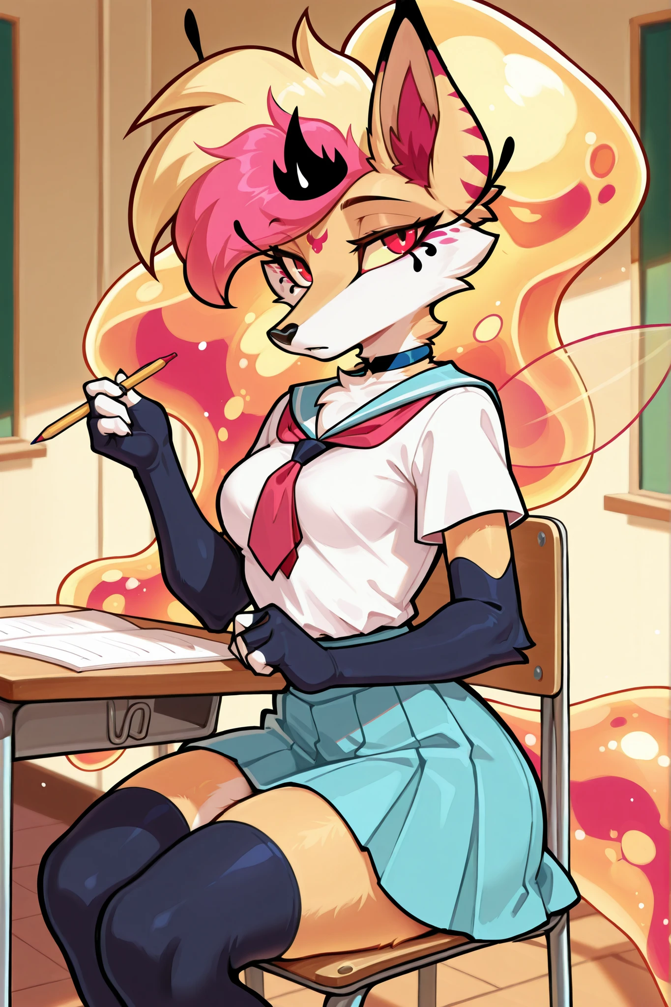 masterpiece, best quality, anime, fox girl, queen bee (helluva boss) in schooluniform, and white blouse, and blue collar, and red tie, and black stockings, and blue skirt, and black shoes, anthro, ginger fur, 4_arms, against a background of classroom, red eyes, with yellow sclera, looking at viewer, sitting on chair at the table, holding a pencil, tired face, 🫤 , snout, black nose, cowboy shot, small breasts, soft shadows, safe rating, from side angle