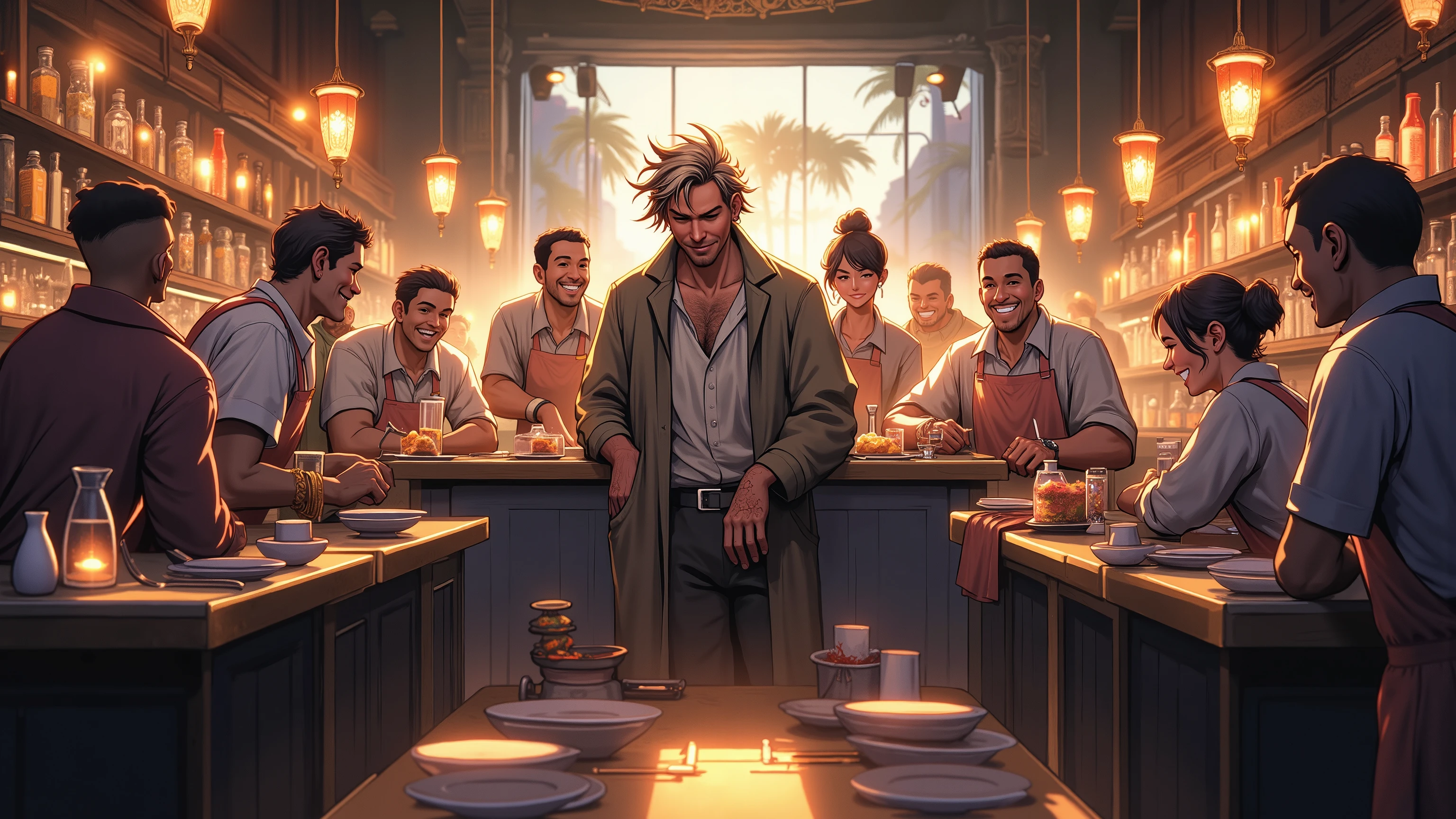 The restaurant staff - waiters, cooks, bartenders - crowded around the reception desk. They were all laughing and discussing with delight. In the center of the restaurant stood a homeless man of 20 years old, shabby. He was serious with a sad face. Ruffled hair, shabby coat, hands scratched and dirty. 4k camera. Professional background blur. Chromatic aberration around the edges of the image. make the image as a comic book image