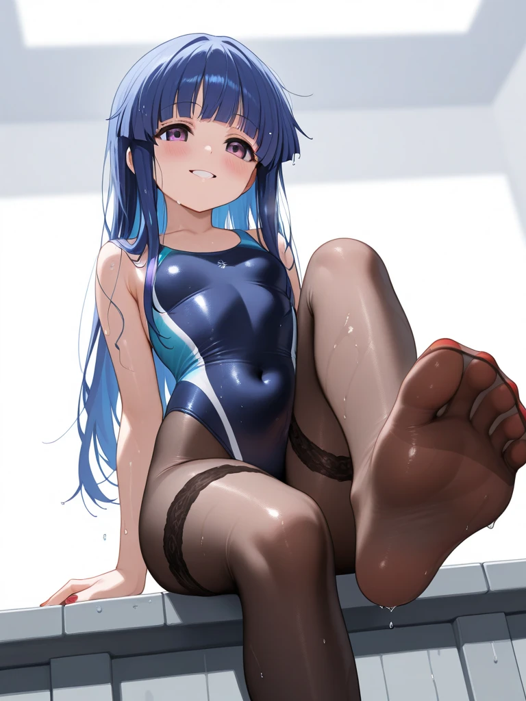 (((Wearing a school swimsuit)))、(((Navy blue simple design school swimsuit)))、(sticks to the body)、(Dark blue color)、