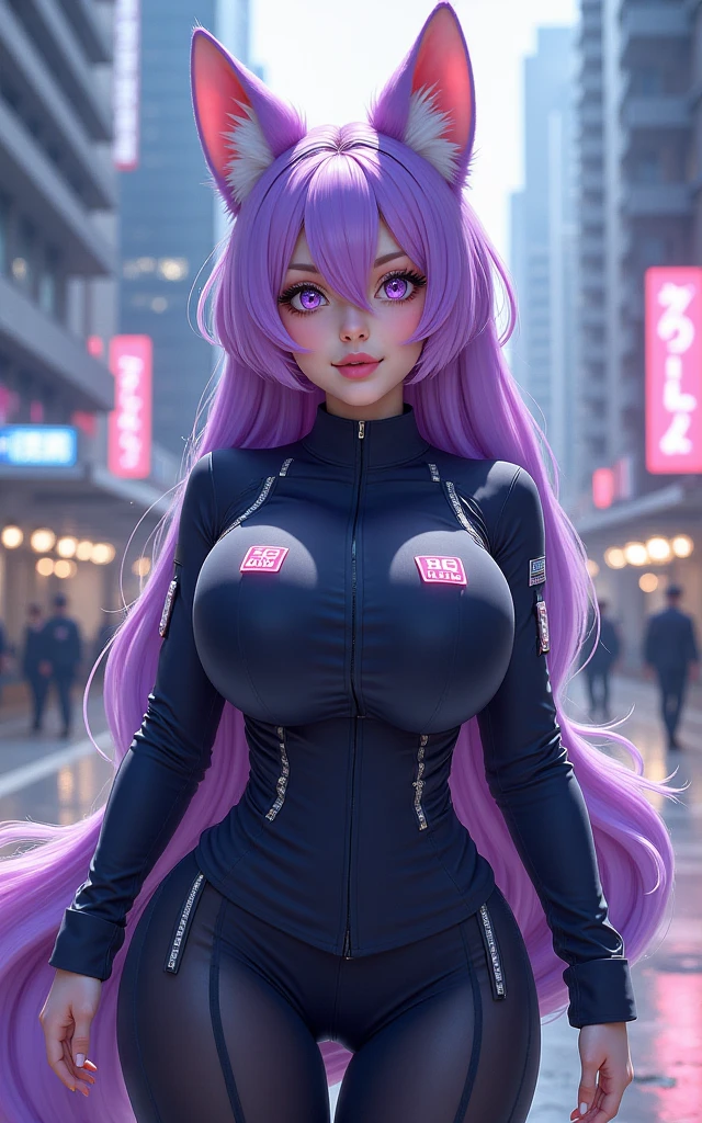 (ultra realistic,32k, masterpiece:1.2),(high detailed skin:1.1),( high quality:1.1),
<lora:add_detail:0.93>,(looking at viewer, standing,:1.1),,
(bioluminiscent:1.1),<lora:sara:0.7>glitter, sparkling,   augmented reality city, holographic overlays, augmented citizens, digital interactions fireworks,  blurry background, 
BREAK 1girl, pink hair, ponytail hair, bangs,(aqaua eye:0.8),(makeup, mascara:0.9), (thick\lips\), (smile:0.6), ,   BREAK V-Neck Long Sleeve Bodysuit , (huge breast:0.9),BREAK Bodysuit