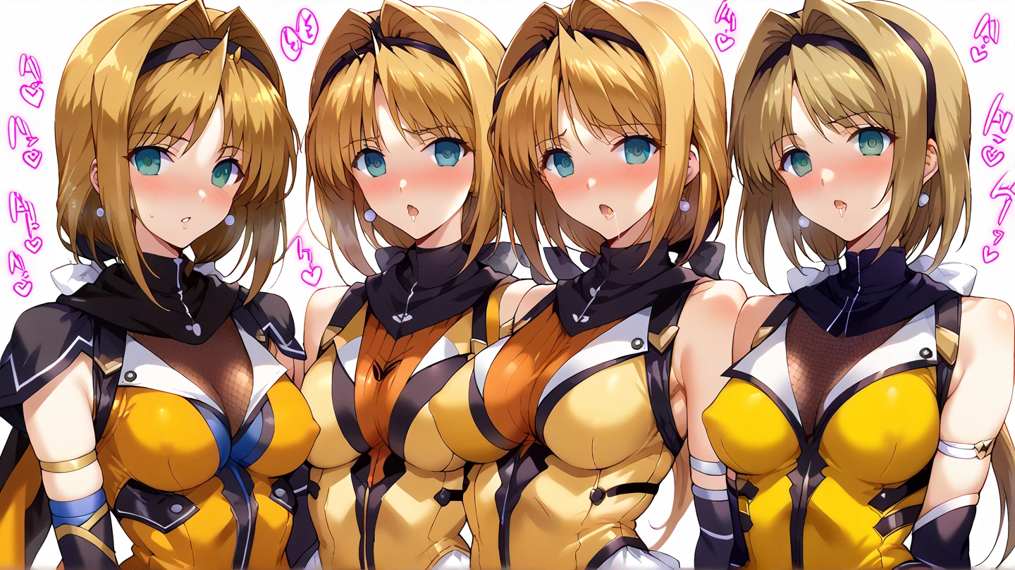 Masterpiece: 1.6, best quality: 1.4, live image: 1.2, intricate details: 1.2, charturnerv2: 1.2, 1lady full body character change, Appearance: young: 1.25, thin: 1.3, blue eyes, thick eyelashes,medium breasts, detailed eyes, quality eyes, Clothing: adapted costume, leotard:1.3 Accessories: red bow, red ribbon, Hair: blonde hair, short hair, semi curly hair, natural, shiny skin, (single background, white background:1.8), transparent Background, multiple views, multiple views of the same character in the same outfit: 1.3., character sheet: 1.2, multiple facial expressions: 1.3, seductive smile, sexy, shaded face, white legwear, white thighhighs, blush, nose blush:1.2