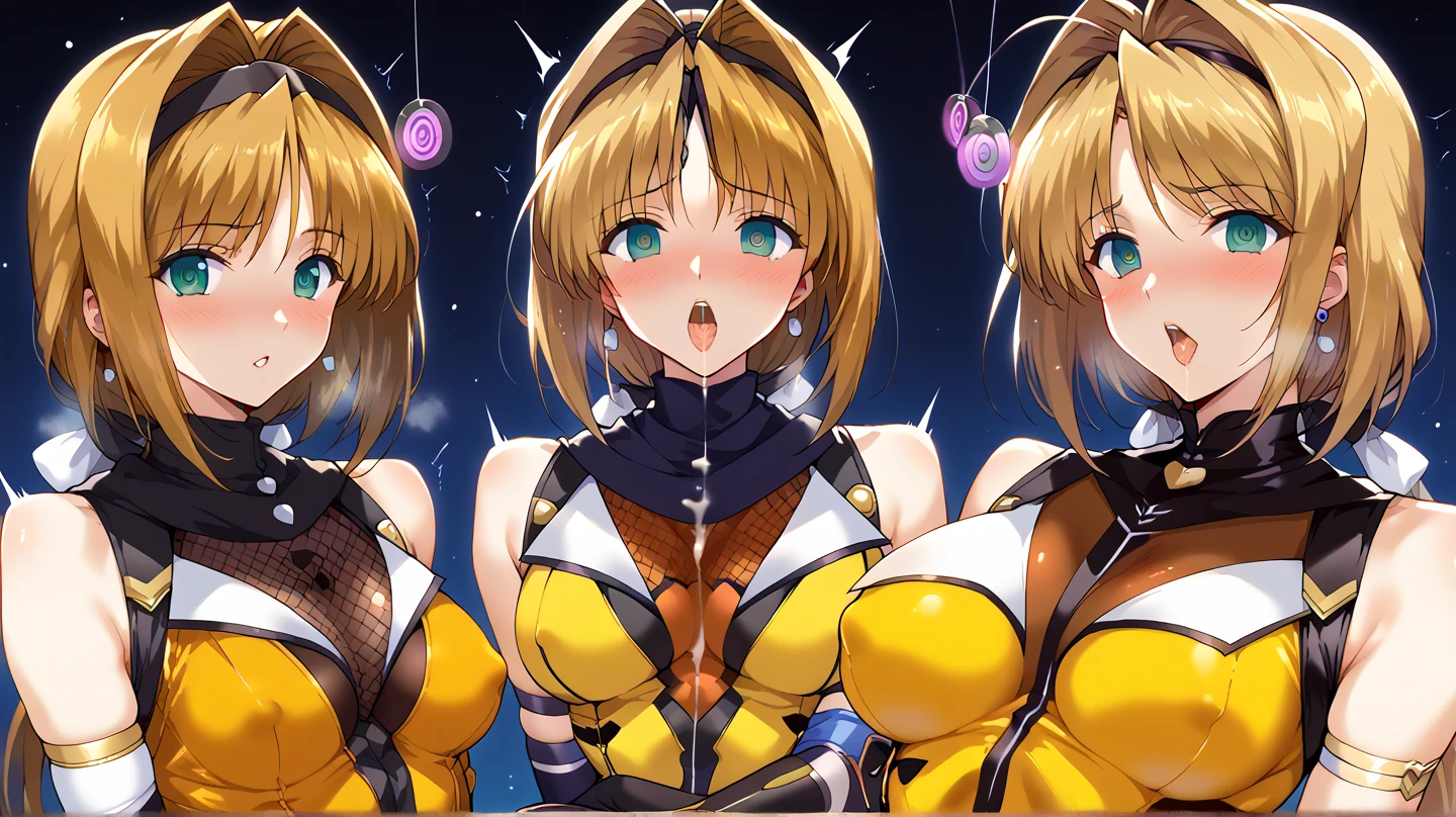 pokemoncynthia, blonde hair, hair ornament, hair over one eye, long hair, (yellow eyes:1.5), (sensitive smile:1.2), (full tight latex bodysuit),looking at viewer, (Upper body:1.1),(Look at the front:1.1), indoor hall,((masterpiece)),((best quality)), high resolution,8k UHD,(beautiful detailed eyes:1.5), extremely detailed face,ultra detailed,perfect anatomy,arms behind back,((solo)),((1 girl)),(large breasts:1.5),perfect image,slim waist,