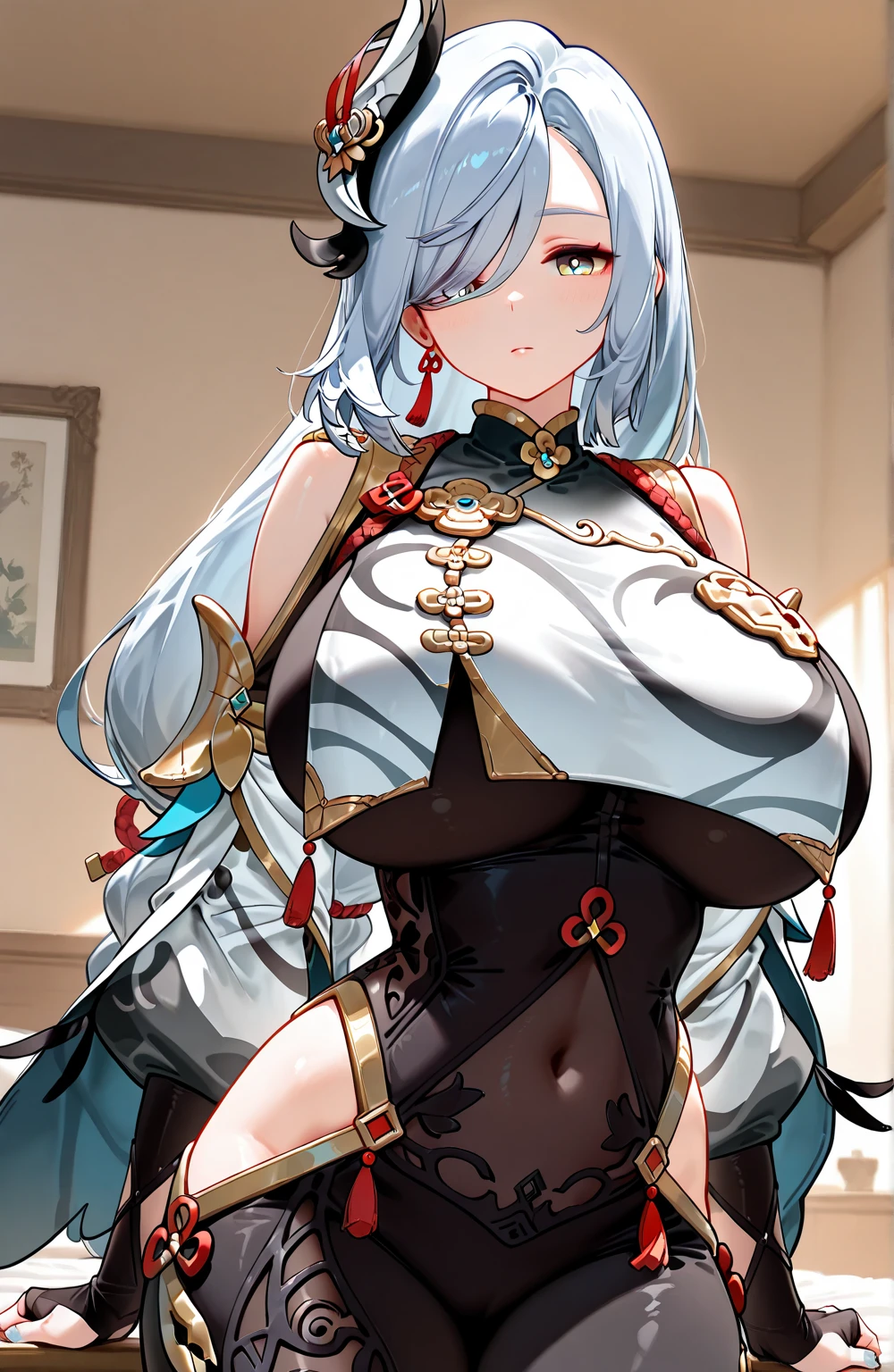 Kizi,White color hair,fog atmosphere,Shy,blacksilk,Color gas,Pout,srestrained,By bangs,Vertical pupils,Red eyeshadow,比基尼,Lori huge breasts cleavage,Love eyes,bare-legged,Flushing,Poor milk,M-legs