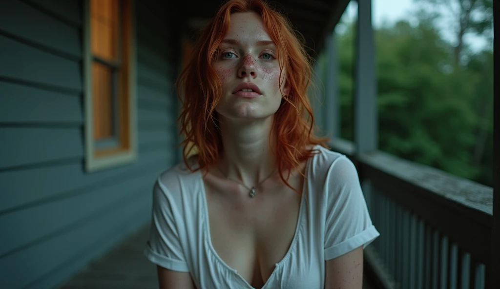 cinematic lighting, hyperrealistic, 8k, highly detailed, photorealistic, masterpiece, beautiful busty ginger woman, freckles, satin white button blouse, long orange hair, big breasts, cleavage, nervously staring directly at viewer