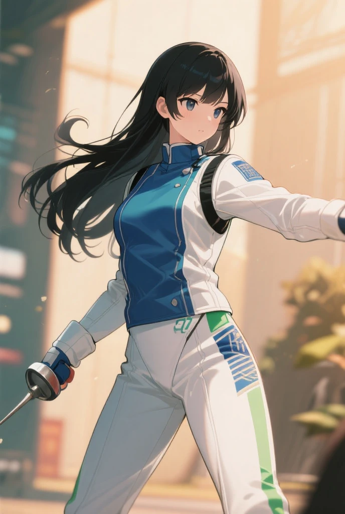 (Best Quality, masutepiece),ultra detailed photographic,1girl in, Female fencing athlete ,Large breasts,nice legs,At the fencing venue,Detailed beautiful face,Beautiful eyes,detailed hairs,detailed clothes,Detailed realistic skin,Cool,Dynamic Angle,
