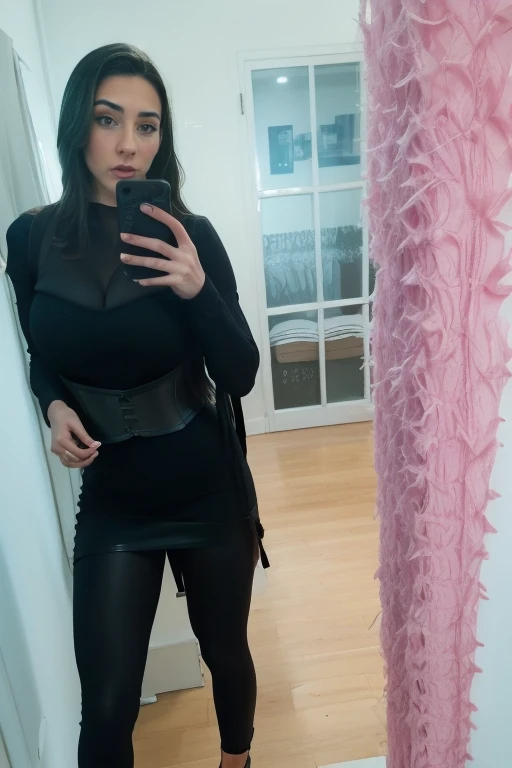 girl taking a selfie in the mirror, wearing Black modest goth dress That covers her entire body, long-sleeved dress, kimono-style sleeves, long skirt, waist-cinching corset (all body Covered) dark makeup, big eyeliner, full lips, dark red lips, short black weavy hair, curvy thin body, dark look, modest outfits, short hair