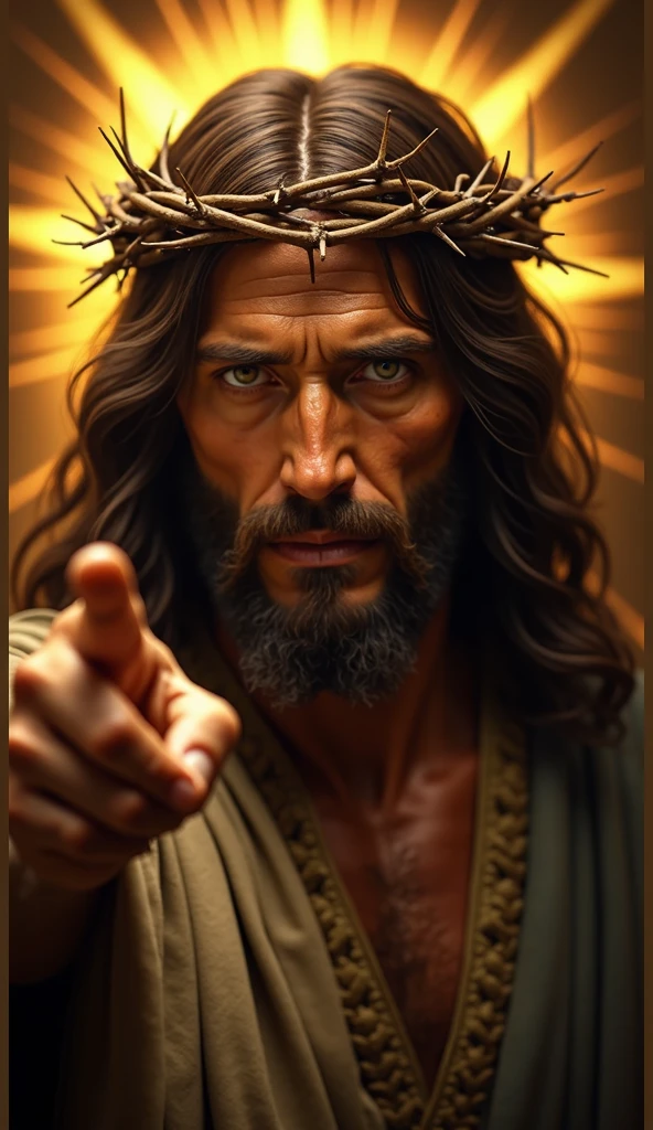 very beautiful face of Jesus with the crown of thorns pointing with his index finger at me showing his entire face
