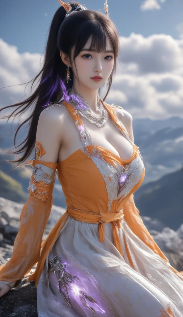 best quality,masterpiece,highres,cg, 1girl,weapon,sword,long hair,dress,water,solo,jewelry,white dress,earrings,hair ornament,splashing,upper body,hair bun,black hair, lighting,candid,Photograph,high resolution,4k,8k,Bokeh,huge breasts
