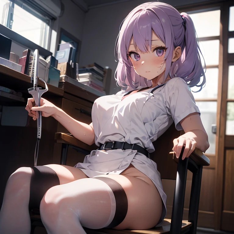 woman、Reddish-purple hair、Blue-purple extensions、Braid、Short Hair、Black Eye、Big Breasts、Completely naked、Leg spread、Embarrassed、Sitting on the toilet、Urinating