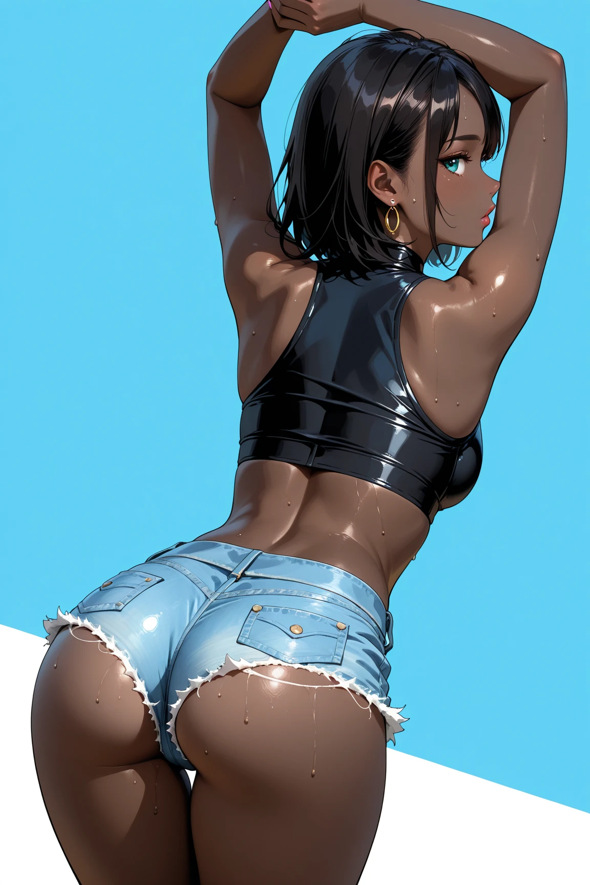 A short, tanned skin, well built woman. Short, brown, shaggy hair. Pretty, freckled face. Full lips, beautiful brown eyes. Wearing casual but slutty clothes. Character design sheet, full body shot, bending over the wall and showing some ass, wearing tight shorts.