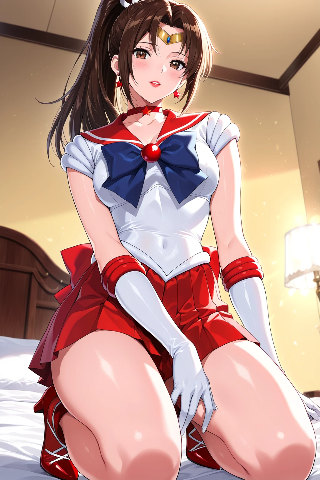 ((Realistic:1.3)), Absurd, (highest quality), (masterpiece),(Very detailed:1.2), (High resolution), Half body 1 person, alone, Same 1, tiara, Sailor Warrior Uniforms, White gloves, Red Sailor Collar, Red Skirt, Dutch Angle, blush, At the bed, spread legs, spread pussy, Big Breasts, ((lying:1.3)), ((1 boy and 1girl are having sex:1.3)), (missionary position), ((highest quality、Best image quality、超High resolution、Ultra-high resolution rendering、Please look closely at the camera、Light-colored eyes))、,nsfw,(ecstasy:1.3) ,(slut:1.2),(vulgarity:1.3),(fucked silly:1.1),(steam:1.1),(wet:0.8),(trembling:0.8),(tears:0.7) ,(drooling:0.6),(sweat:0.8),