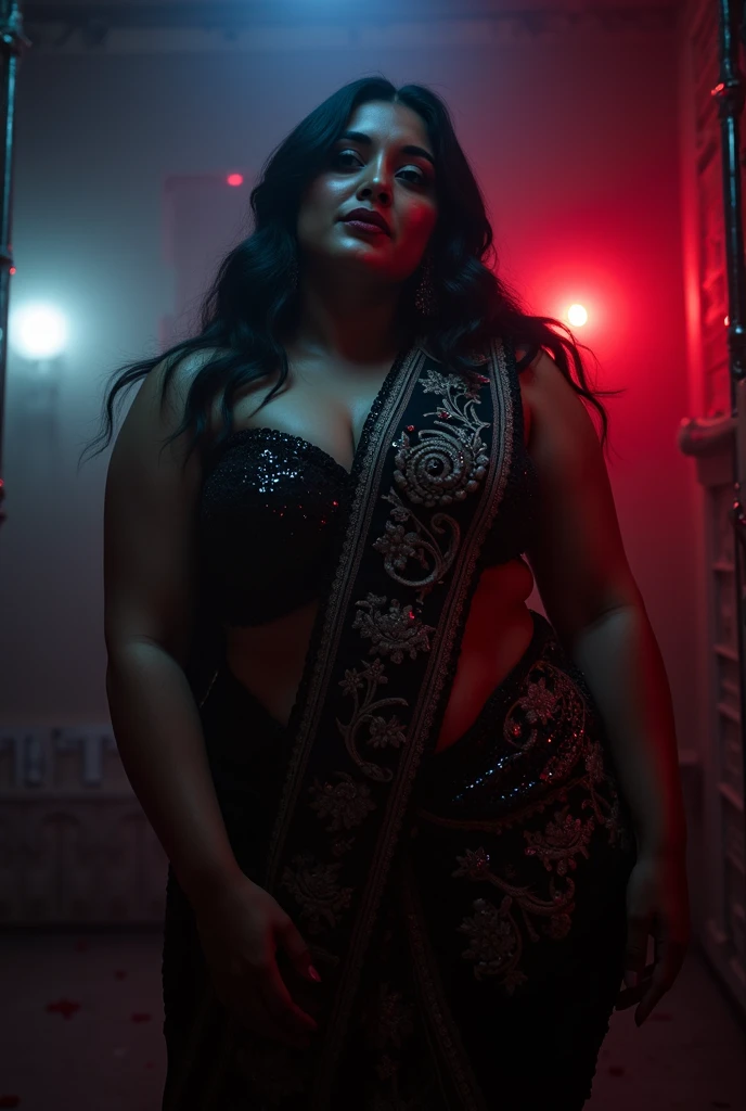 Looks like Aparna Dixit, full body Closeup shot, Big chubby aunty, milf, cougar lady witch, horny Gothic milf, 35 years old gorgeous mature lady, pervert demoness, demoness of lust, curvy, black lips, horny face, extremely gorgeous, thick figure, heavy physique, voluptuous, curvy, sexy figure, Fashionable portrait of androgynous alien looking witch wearing veil, glowing eyes, futuristic design, minimal details, givenchy, photoreal, 200mm, hd, f/ 2.0, highly detailed, surreal, sexy beautiful evil woman, sexy bold sequin Saree with strapless Bra, chudail, Pishachini, horror genre, blood-thirsty enchantress, powerful female spirit, eerie, drop dead, in the style of red and blue, (intricate details, hyperdetailed:1.15) (skin texture:1.2), dark Moody tone, cinematic lighting, haunted place in background,
