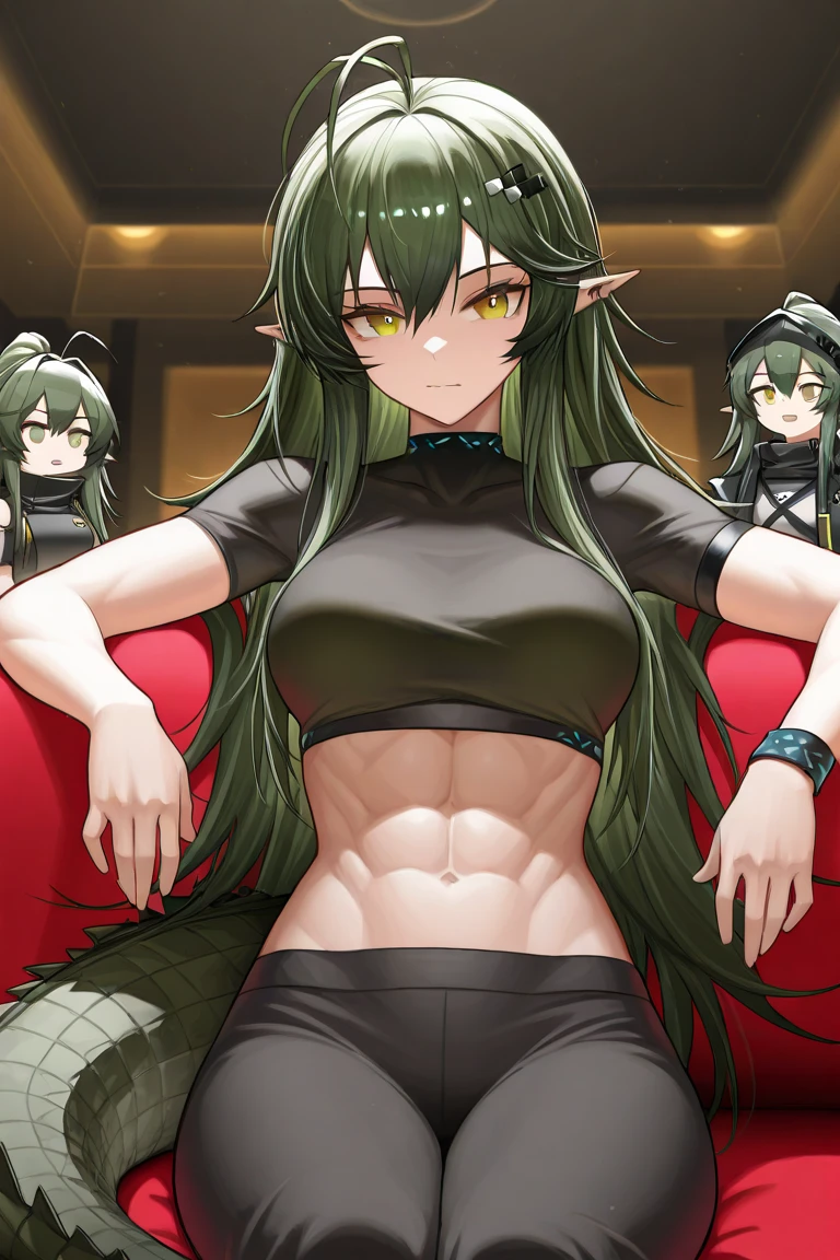 (Masterpiece), Best Quality, expressive eyes, Perfect face, 1 girl, neeko, old, standing, ((Little mom)), Alone, (ABS), ((green fur)), short hair, green eyes, ((tsundere)), ((ashamed)), ((shy), looking at the viewer, Perfect eyes, Perfect face, ((hands behind the back)), ((arms down)), cowboy shot, simple background, Gray background, virgin destroyer sweater, belly button, Thighs,
