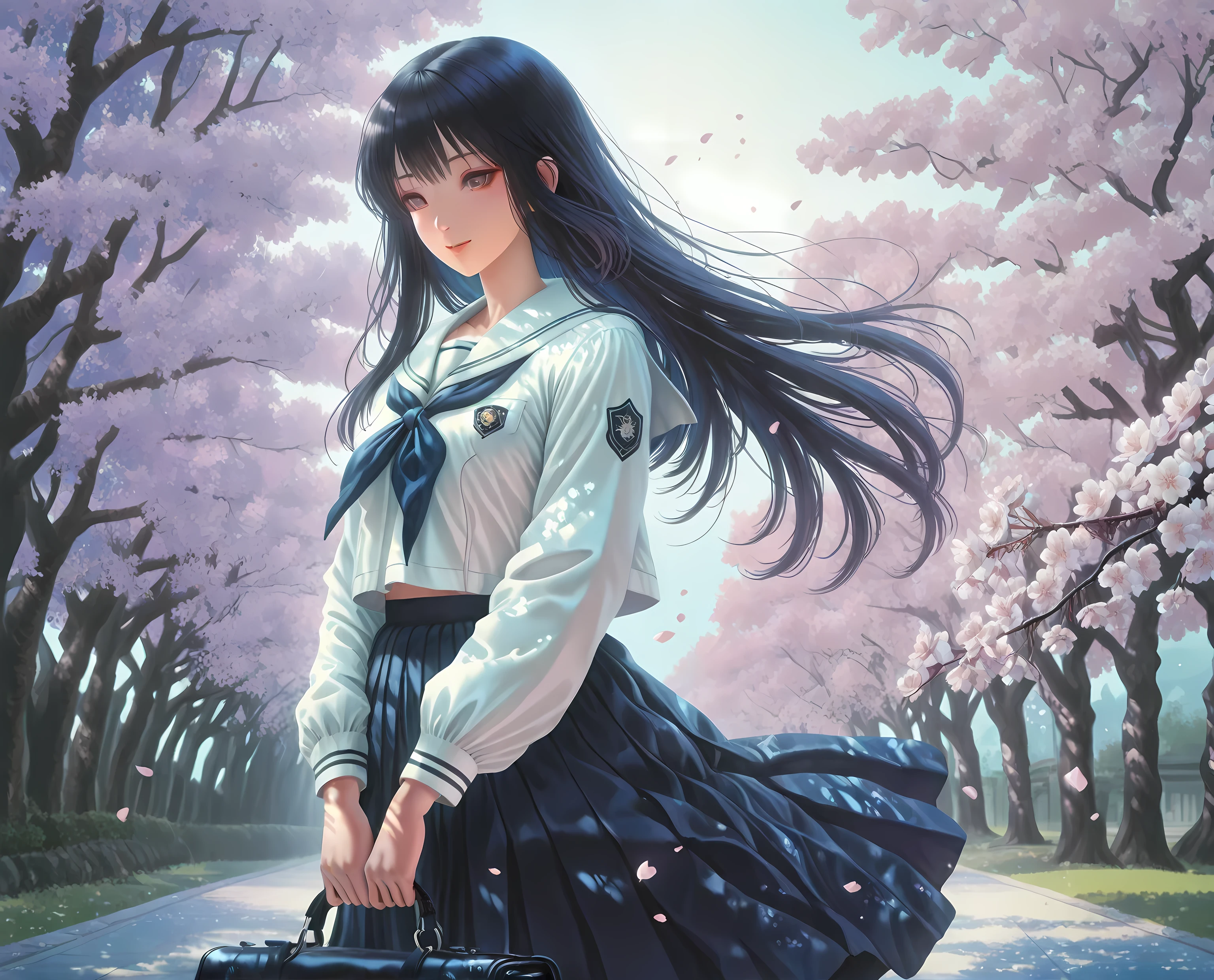 A age girl in a classic Japanese school uniform (sailor fuku), standing under cherry blossoms with petals floating in the breeze. She holds a school bag and gazes toward the sky with a hopeful expression. Soft lighting, anime style, calm spring atmosphere