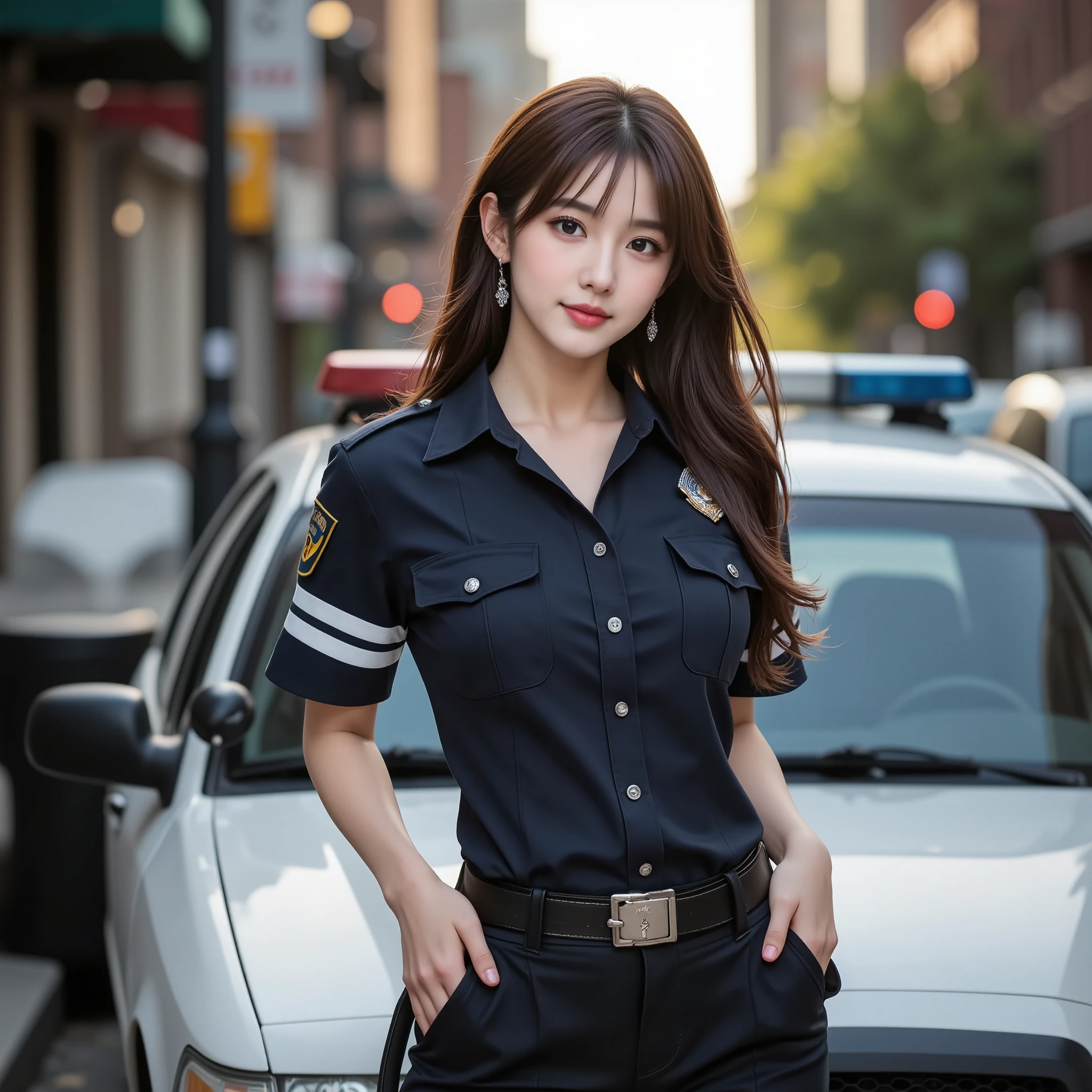 ((best quality)), ((masterpiece)), (detailed), perfect face, best quality, table top, Beautiful mature woman, beautiful face, A woman with a strong heart, Female Police Officer, hat, mini skirt, brown hair, brown eyes, long hair, ponytail, small eyes, whole body, downtown, in front of the police car, Police cars are white and black, 