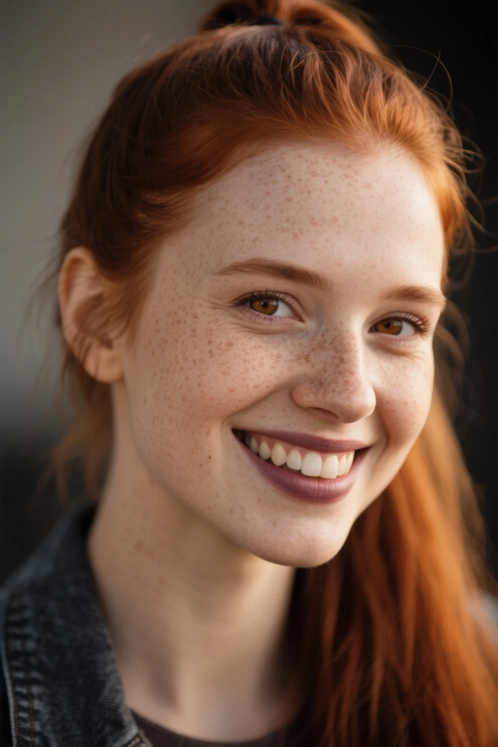 1girl, solo, female, beautiful, ginger, redhead, looking at viewer, smile, simple background, shirt, black hair, brown eyes, closed mouth, upper body, ponytail, grey background, lips, black shirt, portrait, freckles, realistic
masterpiece, best quality, high resolution, 8k, sharp focus, ultra detailed
(high quality beautiful detailed eyes)