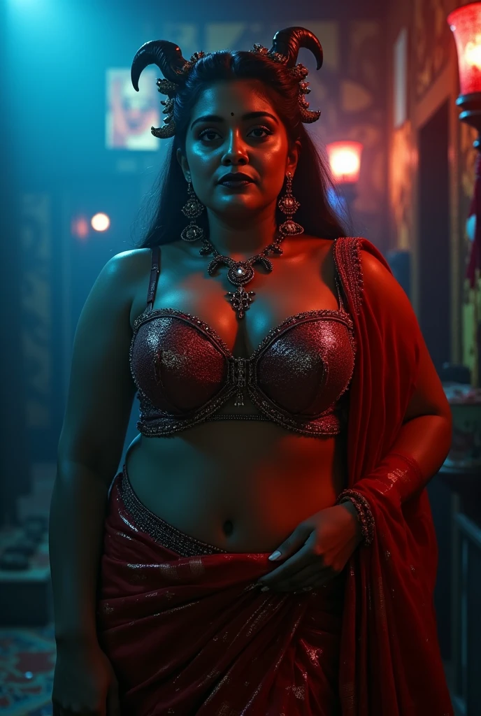 indian astrology,Looks like Aparna Dixit, full body Closeup shot, Big chubby aunty, milf, cougar lady witch, horny Gothic milf, 50 years old gorgeous mature lady, pervert demoness, demoness of lust, curvy, black lips, horny face, extremely gorgeous, thick figure, heavy physique, voluptuous, curvy, sexy figure, Fashionable portrait of androgynous alien looking witch wearing veil,( glowing eyes:1.5), futuristic design, minimal details, givenchy, photoreal, 200mm, hd, f/ 2.0, highly detailed, surreal, sexy beautiful evil woman, sexy bold sequin Saree with strapless Bra, chudail, Pishachini, horror genre, blood-thirsty enchantress, powerful female spirit, eerie, drop dead, in the style of red and blue, (intricate details, hyperdetailed:1.15) (skin texture:1.2), dark Moody tone, cinematic lighting, haunted place in background, Fortune telling hall,