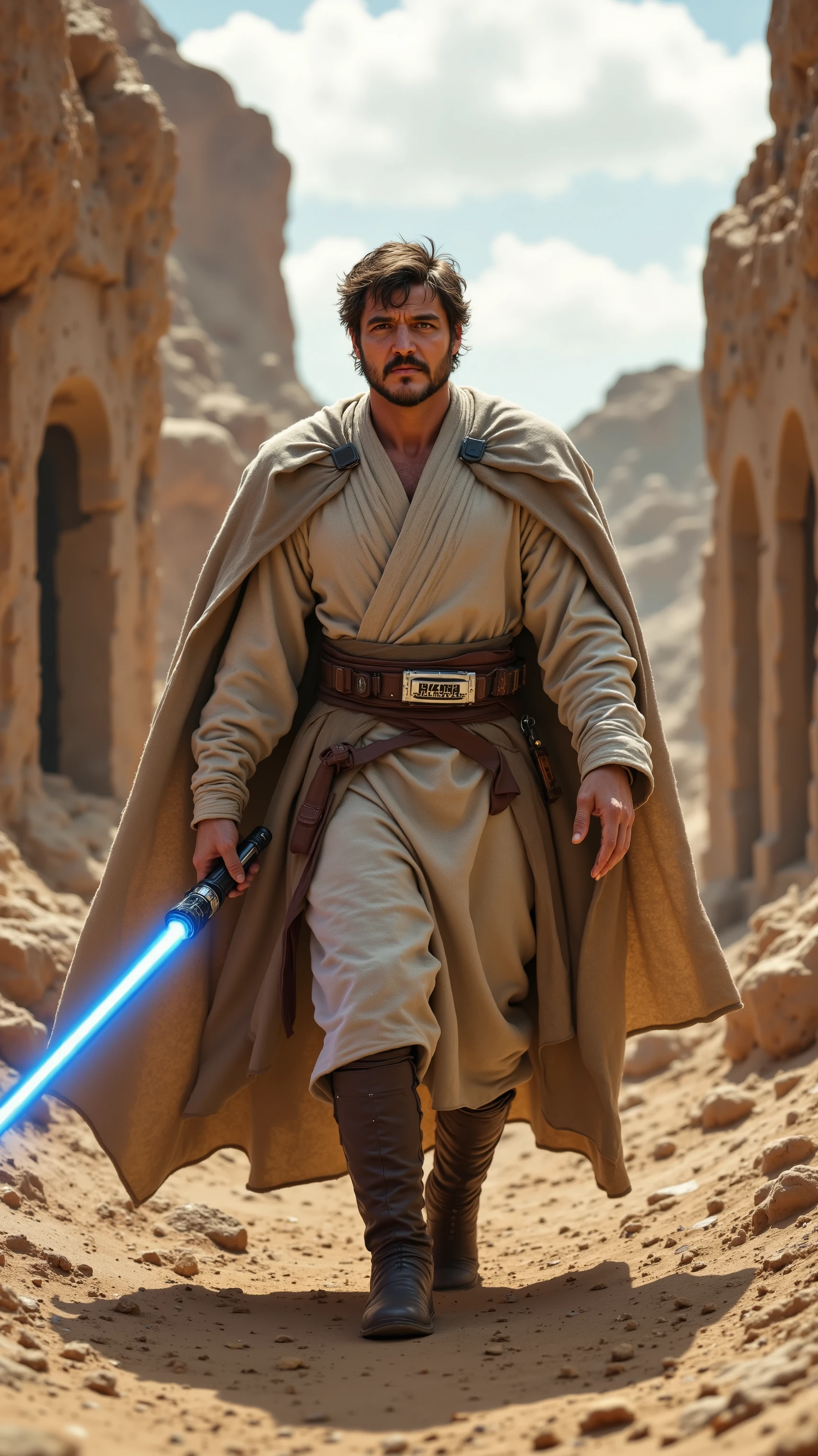 Pedro Pascal reimagined as a seasoned Jedi Guardian, walking straight forward with full body visible, centered composition, cinematic low angle. His robes are practical and battle-worn — layered beige and dark tan tunics under a reinforced shoulder cloak with scuffed plating. His outer cloak is torn and weathered, flowing behind him as he moves like a warrior-monk of forgotten wars.
He carries a sturdy blue lightsaber in his right hand, ignited and glowing faintly with controlled energy. The hilt is metallic and heavily used, engraved with clan markings and scorch marks from previous battles. His expression is resolute and vigilant, eyes forward, jaw tight with focus. His hair is tousled, and short beard dusted with age and grit.
On both sides, rocky cliffs and ancient war-battered Jedi outposts stretch into the fog. The terrain is dry and broken, scattered with the remains of old conflicts — rusted droid pieces, damaged Jedi banners. Dust swirls in the wind, and a pale sun cuts through the clouds above.
photorealistic, full body, walking forward, cinematic lighting, blue lightsaber, battle-worn Jedi robes, rocky war-torn environment, intense expression, hyper detailed armor textures, 8k, high contrast, no text, no watermark