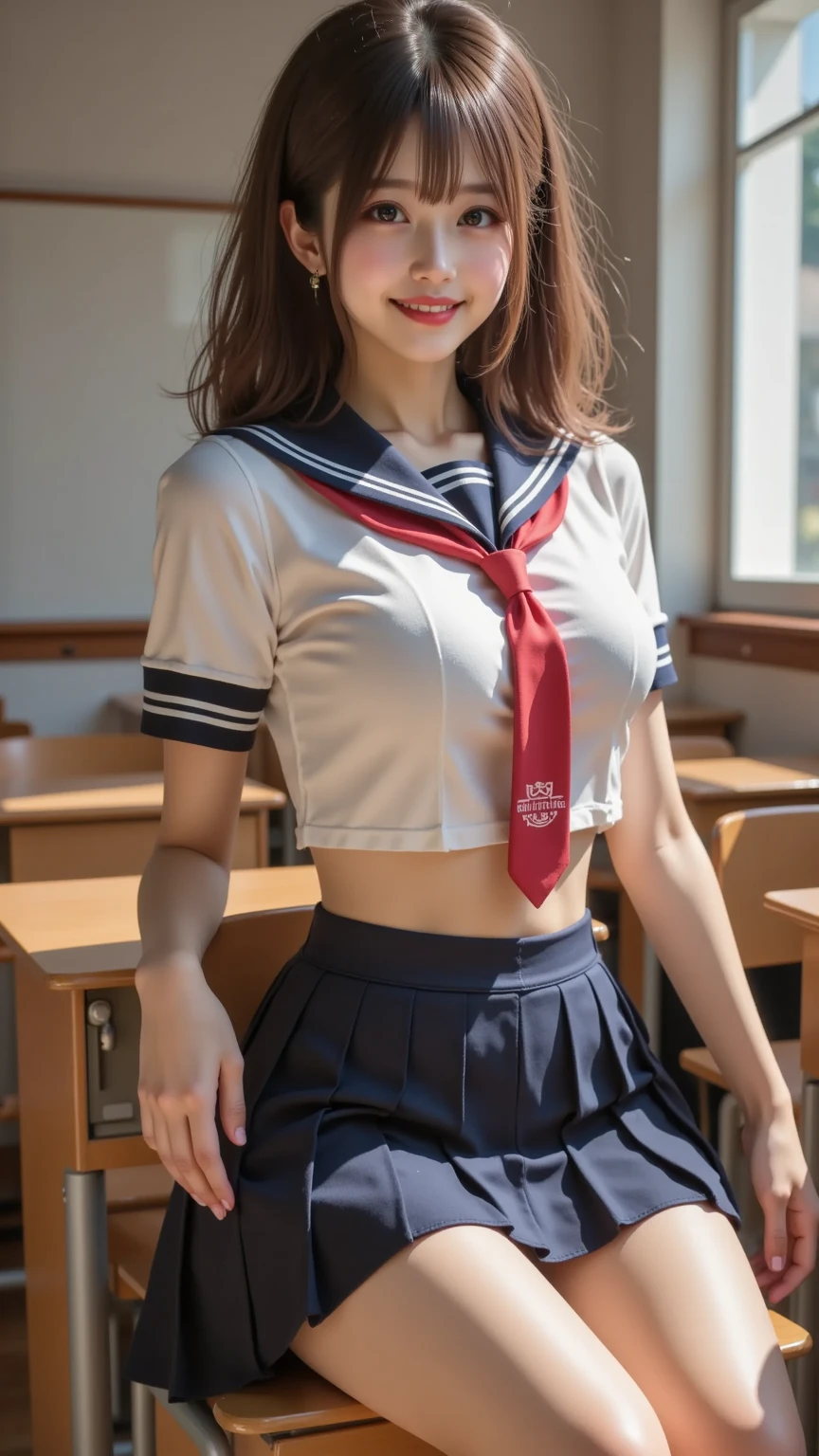 (8K、RAW Photos、top-quality、​masterpiece:1.2)、(realisitic、Photorealsitic:1.37)、1人、japanes、18year old、femele、‎Classroom、natta、profetional lighting、Photon mapping、torn、Colossal tits、The tips of the knitted, which are pure white and very small in size, stick out、areola protruding、The shape of the pubic area is clearly visible、gals、Lots of lashes、Lame on the eyelids、Pitch black lip、Pitch black heels、pubick hair、the lower abdomen bristles、A slender、crotch open、My are big and are about to spill out of my bra、Very much pubic hair、pubic hair is very protruding、((Short sailor suit、Short pleated skirt,No hat))、maroon short hair