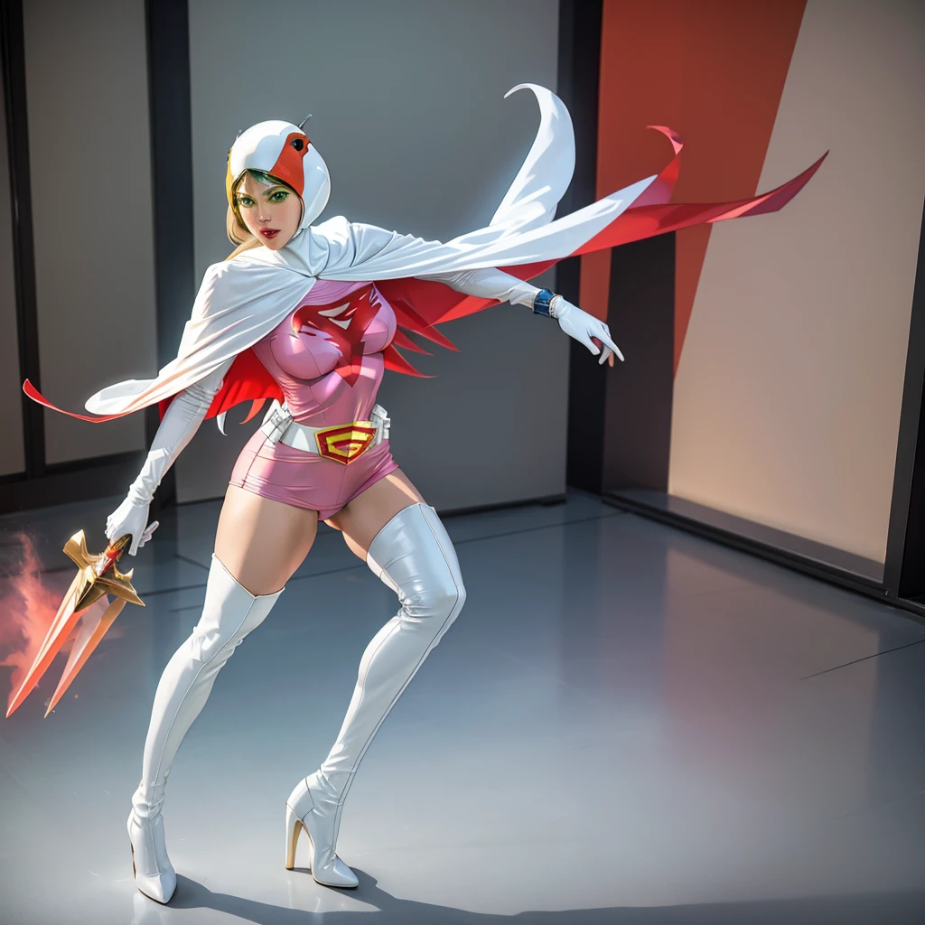 ANI_CLASSIC_jun_gatchaman_ownwaifu,1girl, 15yo,good anatomy, masterpiece, best quality,realistic, hyper realistic, 16k hdr, long hair,breasts,lips,large breasts,lipstick,makeup,gloves,cape,helmet,belt,elbow gloves,white gloves,mask,ultra miniskirt,leotard,spacesuit,white tight overknee highheels boots,pink dress,superhero,bodysuit,cleavage,erected nipples,(stand pose,front view),(spread legs:1.1),cameltoe