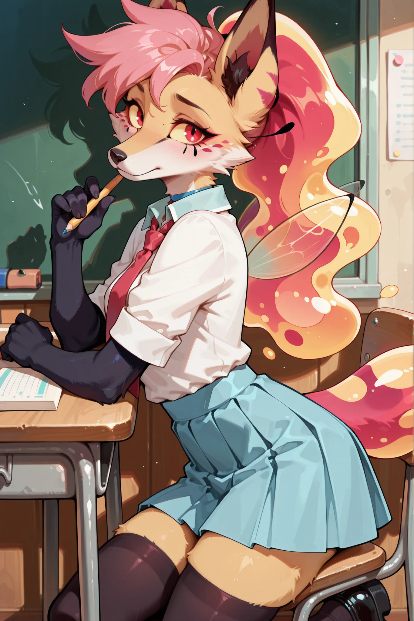 masterpiece, best quality, anime, fox girl, queen bee (helluva boss) in schooluniform, and white blouse, and blue collar, and red tie, and black stockings, and blue skirt, and black shoes, anthro, ginger fur, 4_arms, against a background of classroom, red eyes, with yellow sclera, looking at viewer, sitting on chair at the table, holding a pencil, tired face, 🫤 , snout, black nose, cowboy shot, small breasts, soft shadows, safe rating, from side angle