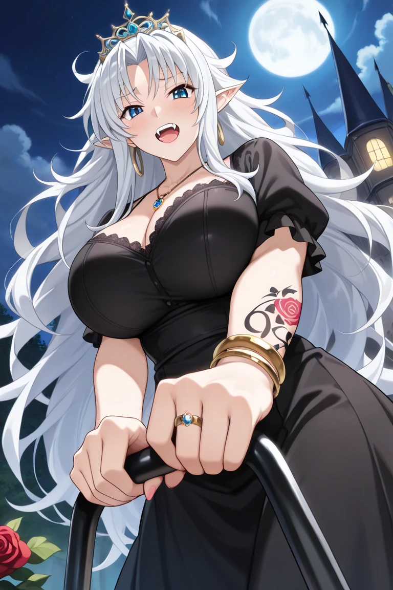 (Top image quality),2023 Animation,Top animation quality,High-resolution details,Detailed wallpaper,(masterpiece),(medium view), solo,A woman,upper body,neat white hair,neat bangs,Deep red eyes,Beauty,light smile,(Wearing only a Gothic off-the-shoulder long-sleeved dress with lace trim),large breast,(Cleavage),bare neck,((A golden snake wrapped around the body)),(detailed snake near Belly and chest),(Dungeon Background),(Depth of Field),Gloomy atmosphere,In front of the iron fence,(dark)