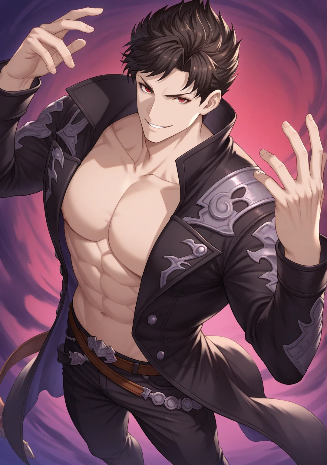 (masterpiece, best quality:1.2), belial_(granblue_fantasy), 1boy, abs, bad_face, belt, bishounen, black_jacket, broken_glass, brown_hair, chromatic_aberration, collarbone, electricity, evil_grin, evil_smile, feather_boa, glass, grin, hair_between_eyes, head_tilt, jacket, looking_up, male_focus, open_clothes, open_jacket, pants, parted_bangs, pectorals, powering_up, red_eyes, short_hair, smile, solo_focus, spiked_hair, topless_male
