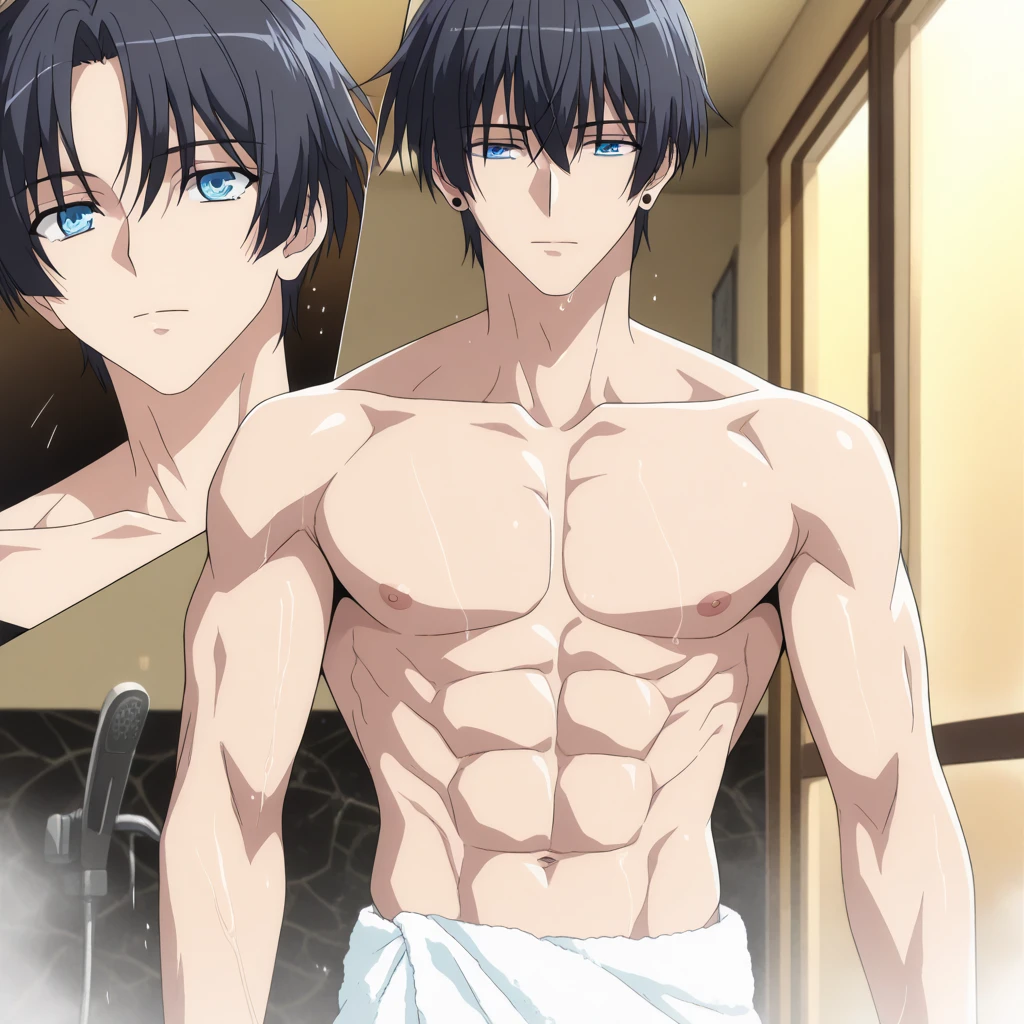 Rentarou, brown eyes, black hair, topless, shirtless, white underwear, skinny, abs, hot male,