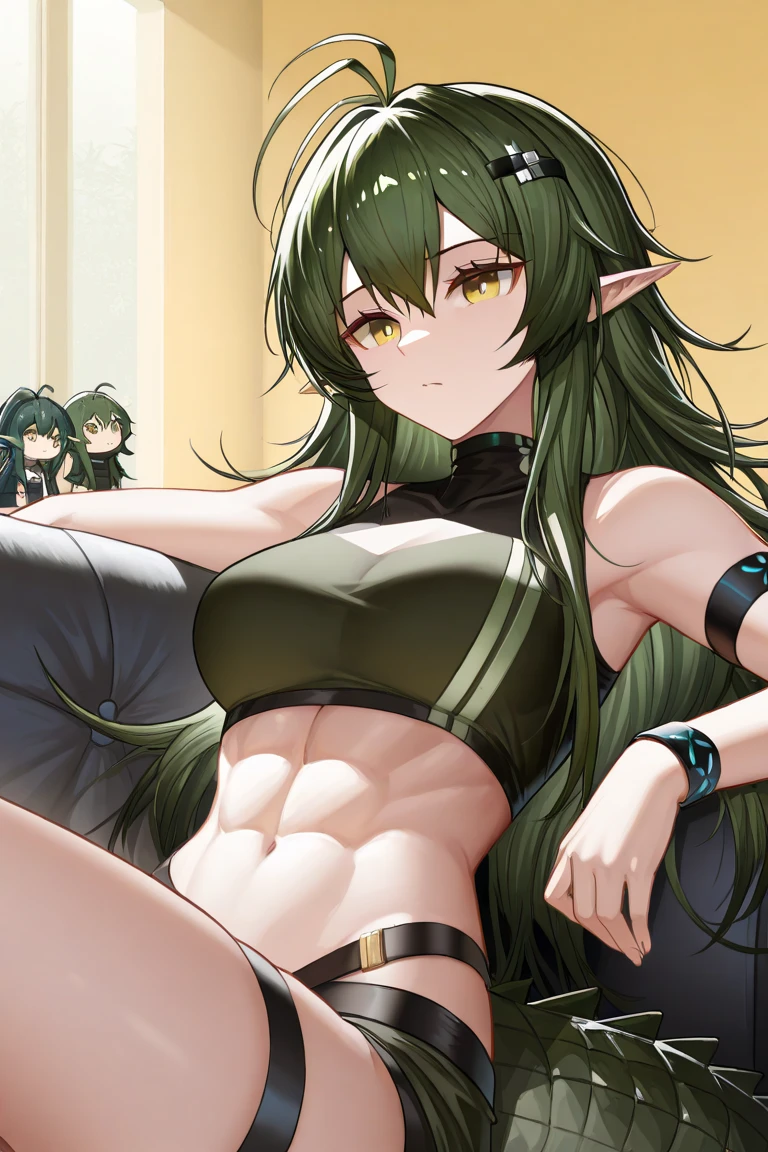 (masterpiece, best quality:1.2), aka6, 1girl, solo, , big , nipple piercing, black hair, looking at viewer, lips, blushing, green eyes, succubus, bending over, teasing, abs