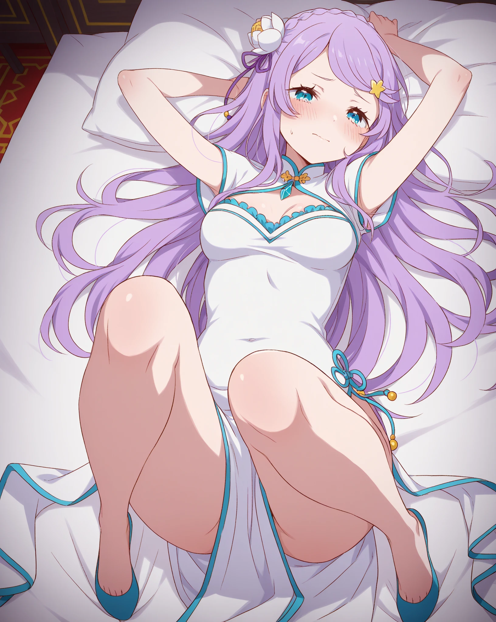 Cabello largo plateado, ojos verdes, headband, necklace, white dress, flat chest, sonrisa, happy, white underwear, muslos hermosos, inside house, footjob