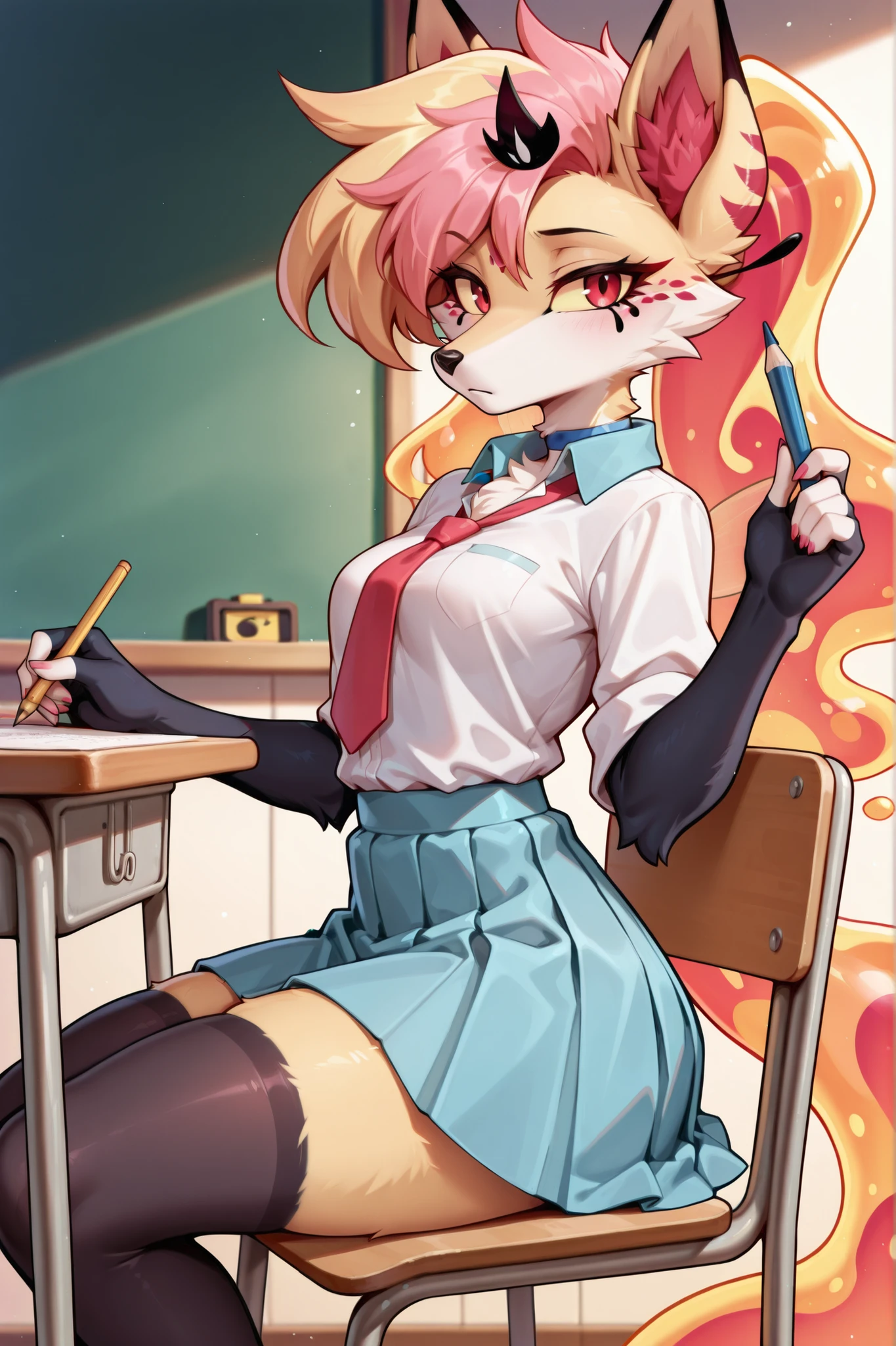 masterpiece, best quality, anime, fox girl, queen bee (helluva boss) in schooluniform, and white blouse, and blue collar, and red tie, and black stockings, and blue skirt, and black shoes, anthro, ginger fur, 4_arms, against a background of classroom, red eyes, with yellow sclera, looking at viewer, sitting on chair at the table, holding a pencil, tired face, 🫤 , snout, black nose, cowboy shot, small breasts, soft shadows, safe rating, from side angle