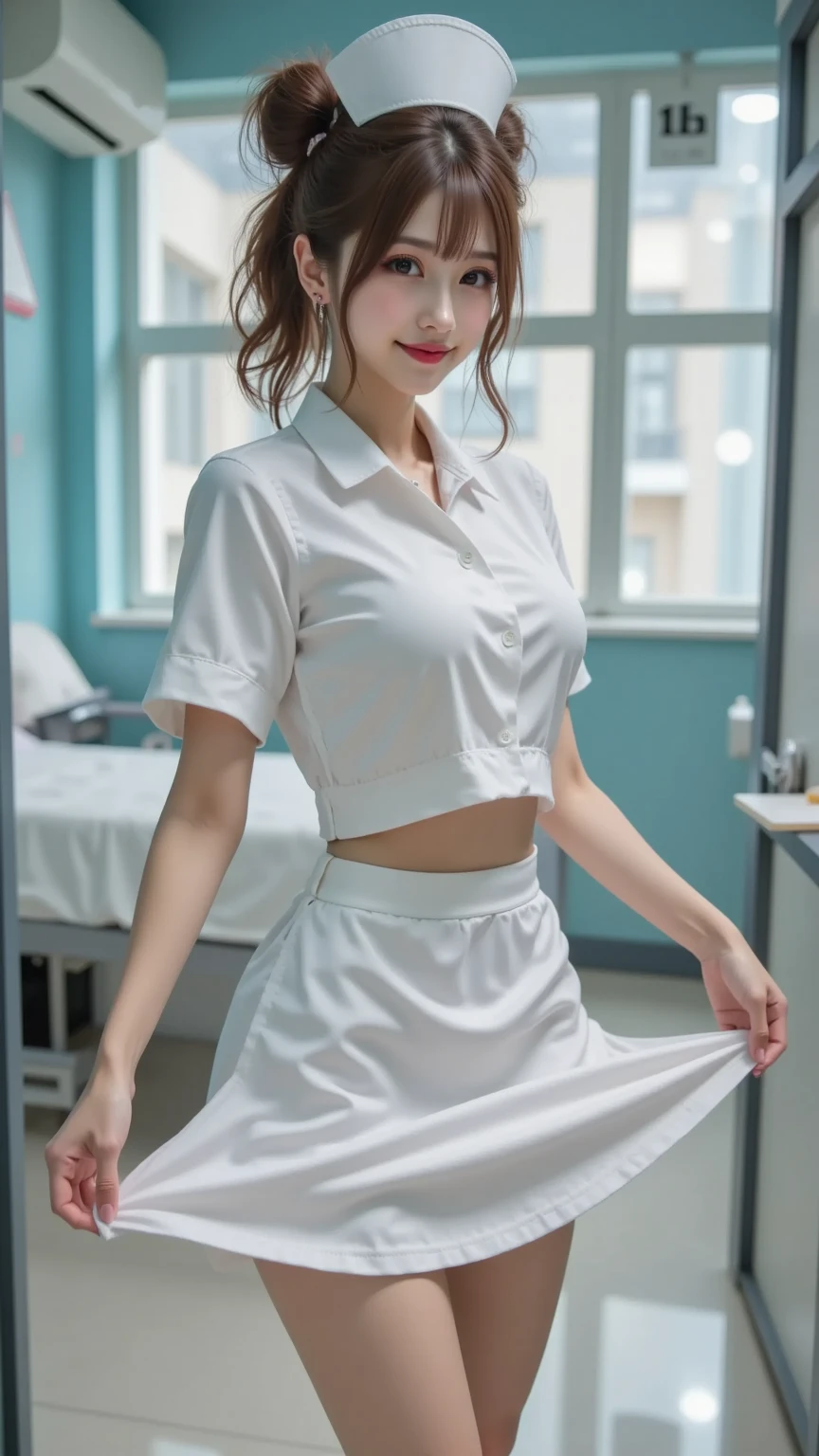 Innocent 18 year old girl，Colossal tits:1.2,cleavage of the breast:1.2、(pantyshot:1.3) (White nurse uniform:1.5),( White short skirt:1.5),(White nurse cap:1.5),(White Nurse Pump:1.5), (Open your legs and stick your buttocks out:1.3）,（Hands down:1.5）、The background is a hospital room、Smile,short-cut、Raw photo, (8K、top-quality、​masterpiece:1.2)、(intricate detailes:1.4)、(Photorealsitic:1.4)、octane renderings、Complex 3D rendering ultra detail, Studio Soft Light, Rim Lights, vibrant detail, super detailing, realistic skin textures, Detail Face, Beautiful detail eyes, Very detailed CG Unity 16k wallpaper, make - up, (detailedbackground:1.2), shinny skin, Full body