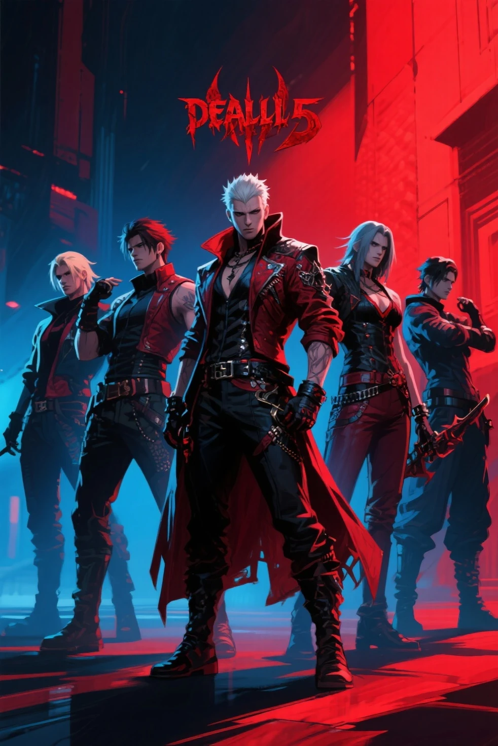 Create me a dmc devil may cry 5 profile background photo that he is with sexy women in the forest near a river