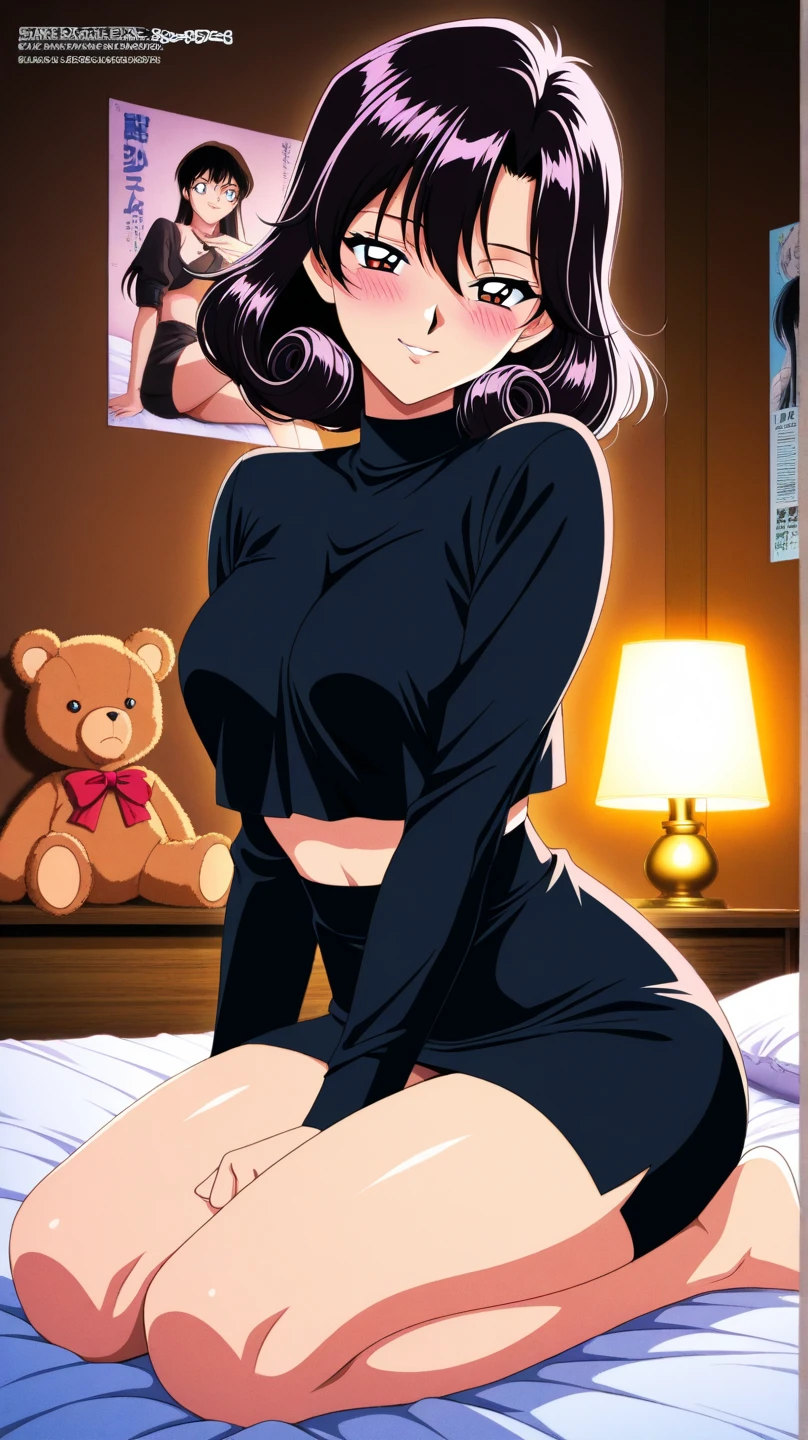 The composition features a young woman seated on a bed, exhibiting a playful and coy demeanor. The setting captures a cozy bedroom environment with warm wooden textures, complemented by soft, diffused lighting that creates an intimate atmosphere. Attention to detail is evident in the clothing scattered around, hinting at casual comfort. The character's expression is inviting, with blushing cheeks and an engaging smile, which enhances the overall mood of innocence juxtaposed with sensuality. The artist employs a vibrant color palette, with soft highlights accentuating the curves of her body, creating a sense of warmth and allure. This scene should evoke feelings of charm and intimacy, while maintaining an artistic style that emphasizes the smoothness of the skin and the play of light and shadow across the body. The focus is on the character's emotional expression, drawing the viewer into her world while balancing light and shadows for a three-dimensional feel.