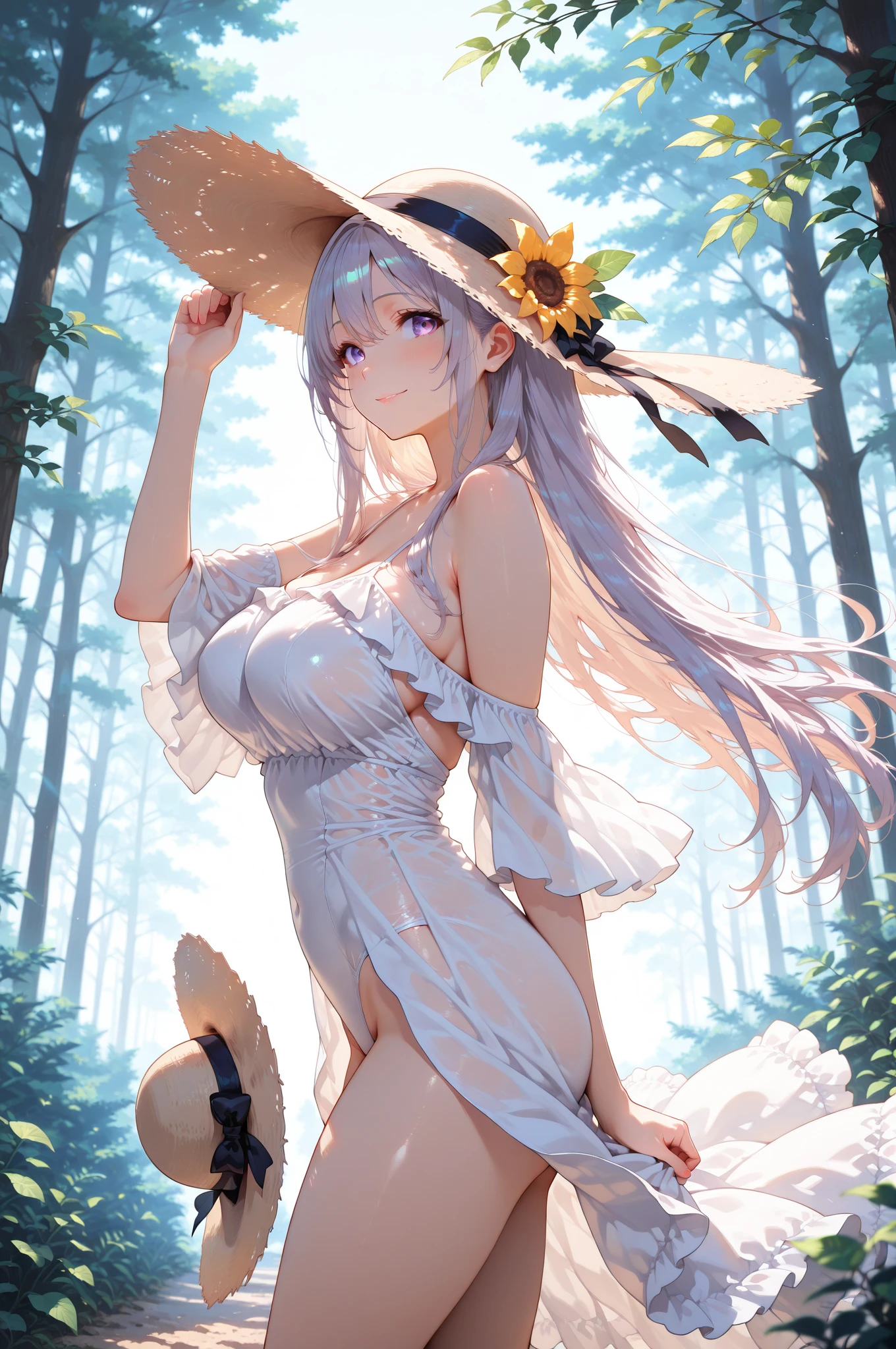 1girl, solo, rural landscape, village, trees, sun, water stream, clouds, fantasy, silver hair, long hair, huge breasts, nipples, white dress, ((short dress)), silver high heels, cleavage 1:3, elegant white hat, brown eyes, smile, looking at the viewer, sitting on a stone, golden necklate