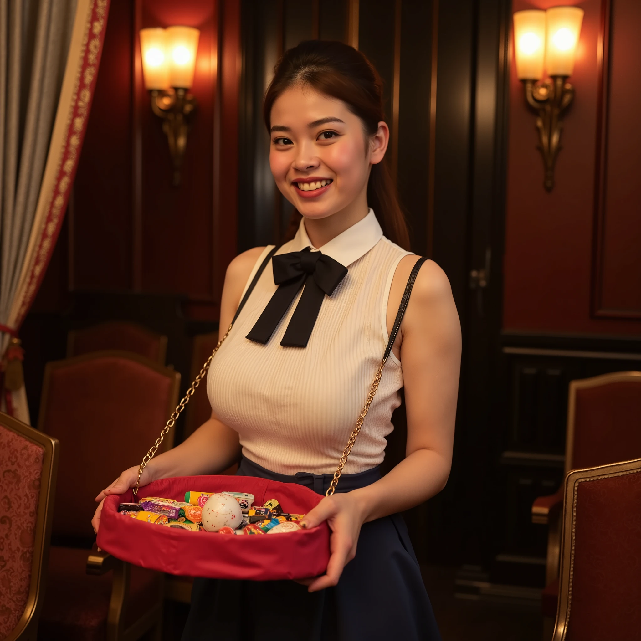 "A smiling woman standing in an old-style movie theater, dressed in a retro candy seller uniform. She wears a sleeveless white blouse with thin vertical stripes and a black collar bow tie, and a pleated navy skirt above the knees. She holds a classic red velvet tray suspended by straps, filled with colorful candies and snacks. Her pose is slightly leaning forward, looking directly at the camera with a friendly expression. The scene is rendered in HDR quality with high dynamic range, enhancing contrast between highlights and shadows. Lighting is soft yet vivid, with cinematic glow from warm wall sconces reflecting subtly on her skin and the red tray. The setting includes vintage theater curtains, textured upholstered seats, and moody dark walls. Emphasize lifelike skin texture, accurate hand positioning, and natural body proportions. Avoid exaggerated anatomy or distorted features. Use realistic depth of field, rich color tones, and a warmly nostalgic atmosphere."