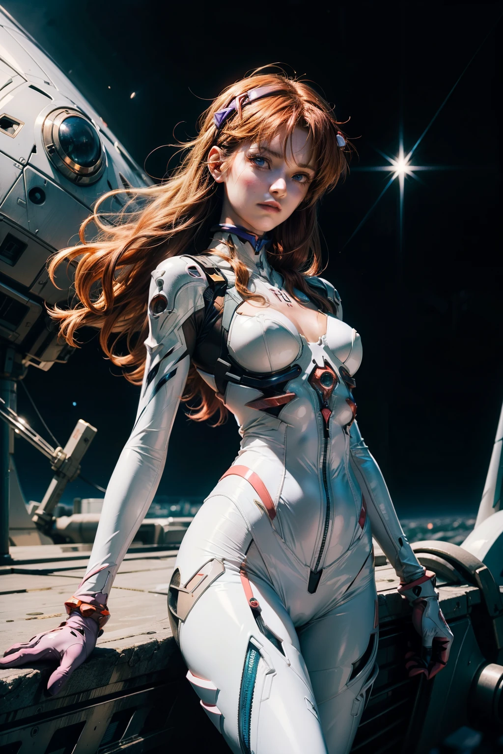 (masterpiece, best quality, highres:1.2), (photorealistic:1.2), raw photo, (Asuka Langley), young, cute, very slim, skinny, in high detailed textured Evangelion red plugsuit, (ultra-detailed body), (light smile:0.8), moonlight passing through hair, (colorful background:1.3), (sharp), (film grain:1.3), (morbid light:1.2), (dynamic angle), exposure blend, bokeh, dim light, (hdr:1.4), high contrast, (muted colors, dim colors, soothing tones:1.3), low saturation, morbid