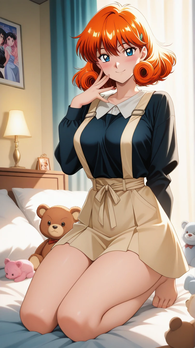 The composition features a young woman seated on a bed, exhibiting a playful and coy demeanor. The setting captures a cozy bedroom environment with warm wooden textures, complemented by soft, diffused lighting that creates an intimate atmosphere. Attention to detail is evident in the clothing scattered around, hinting at casual comfort. The character's expression is inviting, with blushing cheeks and an engaging smile, which enhances the overall mood of innocence juxtaposed with sensuality. The artist employs a vibrant color palette, with soft highlights accentuating the curves of her body, creating a sense of warmth and allure. This scene should evoke feelings of charm and intimacy, while maintaining an artistic style that emphasizes the smoothness of the skin and the play of light and shadow across the body. The focus is on the character's emotional expression, drawing the viewer into her world while balancing light and shadows for a three-dimensional feel.