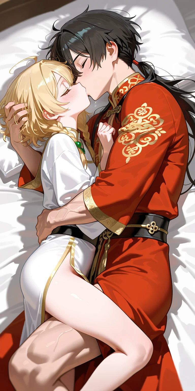((Highest quality)), ((masterpiece)), (detailed), (Perfect Face)、A woman is embracing a man and having sex、The woman is naked and wearing a gorgeous, glittering, long-slit, see-through red Chinese dress with gold embroidery, a red veil and a red see-through cape, a gorgeous hair ornament, and gorgeous jeweled accessories.、The woman is the elegant Tsukino Usagi, with long blonde hair in a chignon twin tail.、A man and a woman are naked and having sex on a luxurious bed