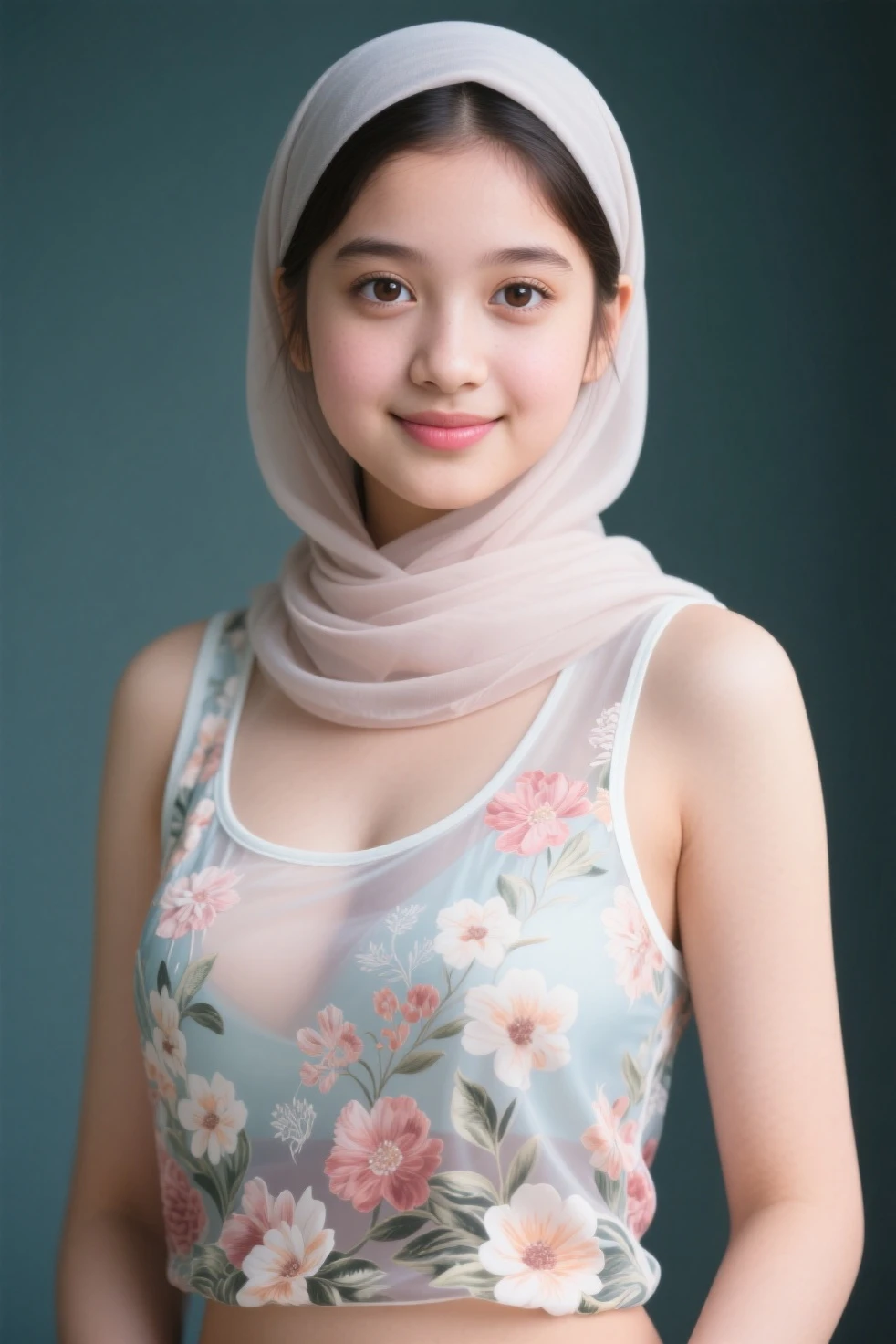 1 malay girl, short, small breast, flat chest, flat stomach, baby face, cute, 8 years old, modern plain flower hijab, shy, medium portrait shot , wet , glowing particles, wear pastel lingerie, light bokeh background, proportional body,