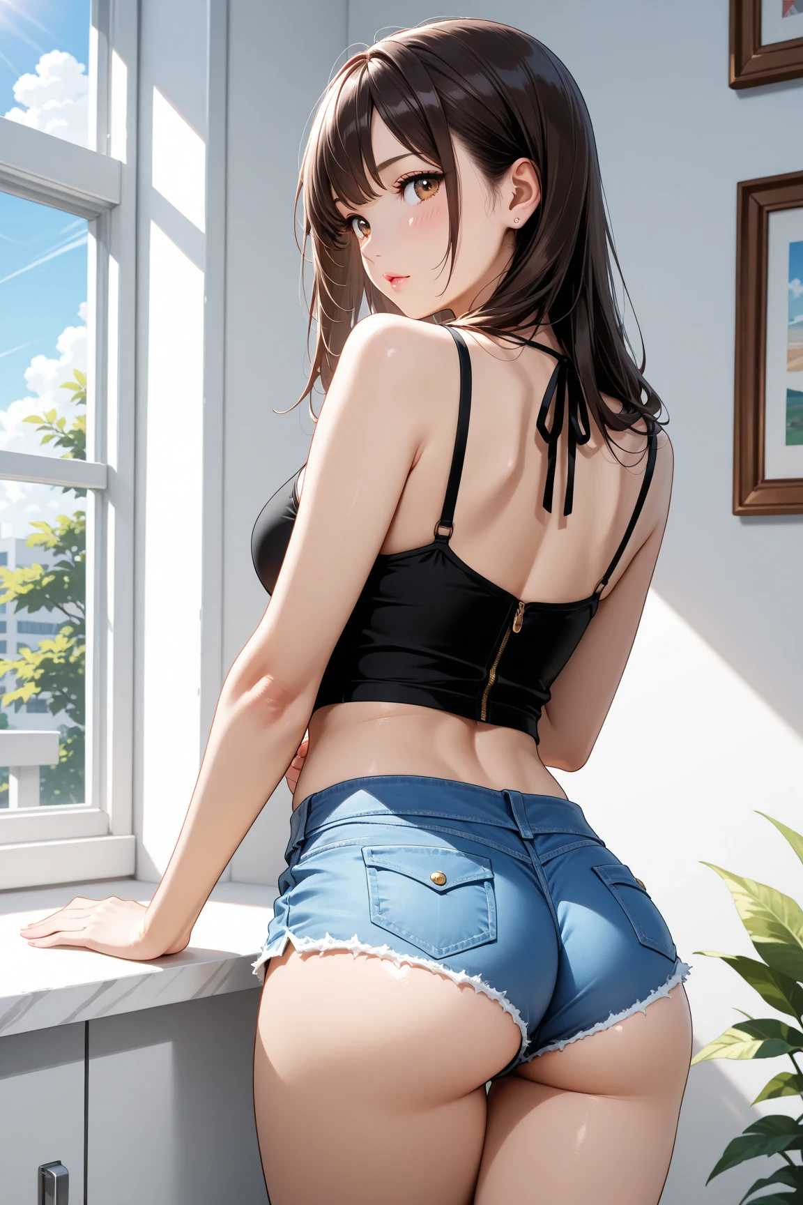 (obra maestra, La mejor calidad), (only 1 girl:  (con cabello color rosa), face symmetrical, cuerpo perfecto, (sujetador deportivo color rosa franjas verticales blancas)), (shorts de mezclilla), dormitorio, muslos rayados, Rear solar lighting, Detalles intrincados, ((pose de frente y coqueta)), image with professional Canon EOS camera and 50mm lens