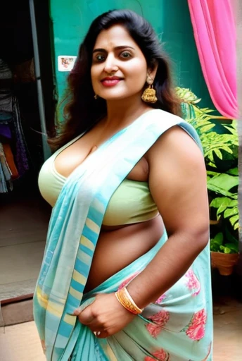 A beautiful gorgeous plump Indian 45-year-old woman wearing a saree, huge breasts, hot body curves, smiley face, white skin, standing on market,