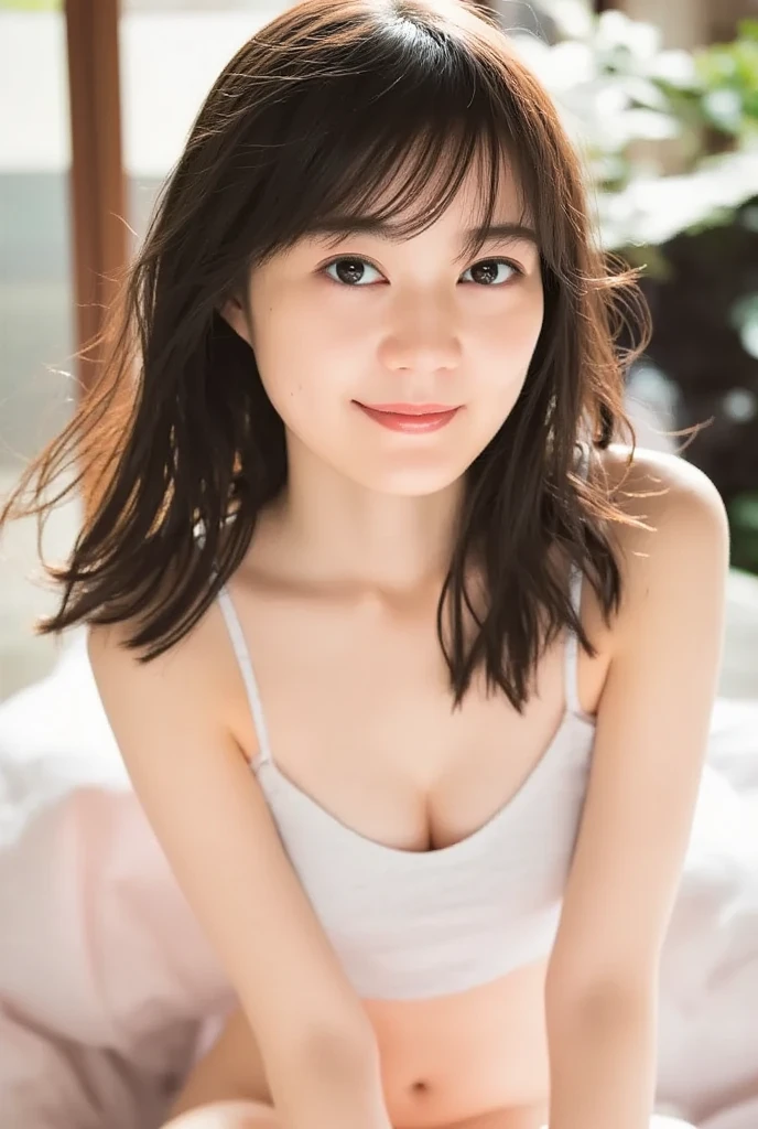 masterpiece, Highest quality, 8K,Ultra-high resolution、Head to knee photo、 20th generation, Large Breasts, cute, alone, smile、cute, girly, cute、Delicate girl, Pure beauty, RAW Photos, Professional photography, Soft Light, Professional Lighting, Backlight, avert your eyes, Sophisticated, Film Grain, (Eye and facial details:1.0), Floating Hair、Short Bob、,Asymmetrical bangs, Round face、Young Face、(Large Breasts:1.4)、Her cleavage is visible、Nipple protrusions are clearly visible:1.8,、(Micro Mini Tight Dress(Dusty Pink))、Voluptuous thighs:1.6、Translucent white skin、dolly make、(Heterochromia iridis、The left and right eyes are different colors)、whole body